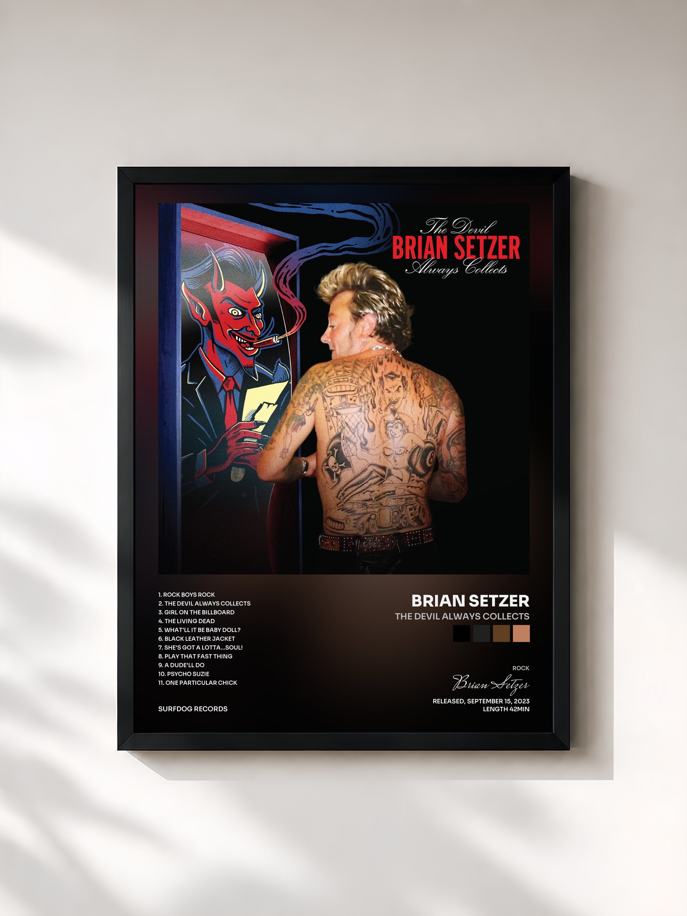 #noir Tableau de l'album The Devil Always Collects de Brian Setzer, cadre noir, imprimé et encadré en France