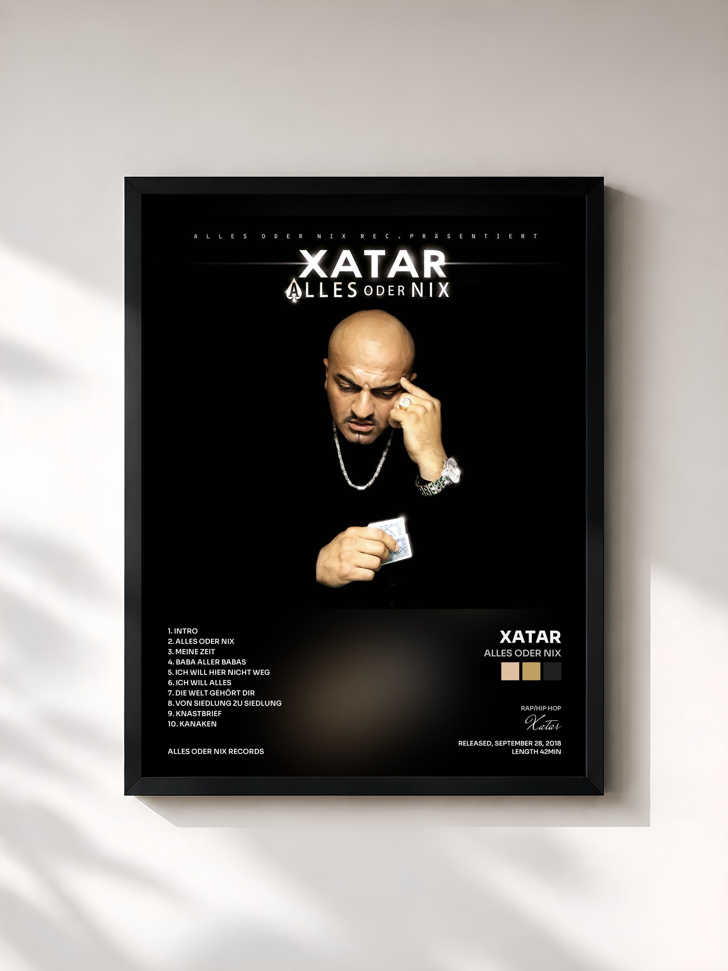 #noir Tableau de l'album ALLES ODER NIX de Xatar, cadre noir, imprimé et encadré en France