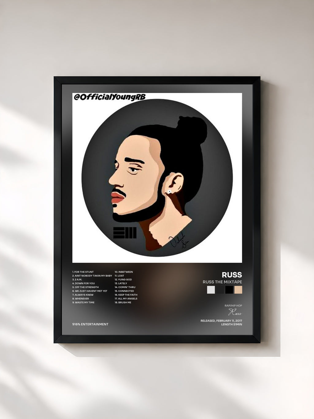 #noir Tableau de l'album Russ The Mixtape de Russ, cadre noir, imprimé et encadré en France