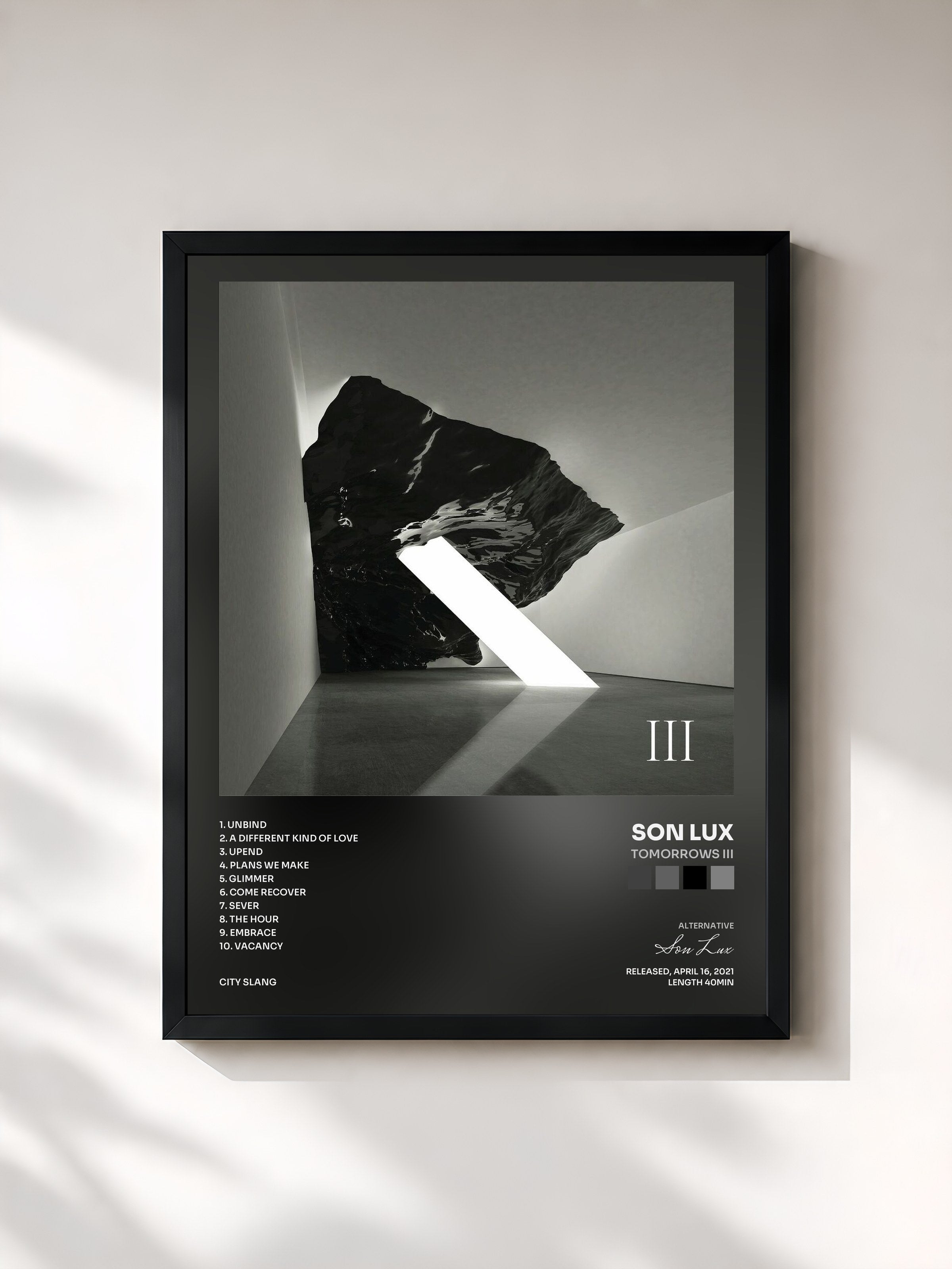 #noir Tableau de l'album Tomorrows III de Son Lux, cadre noir, imprimé et encadré en France