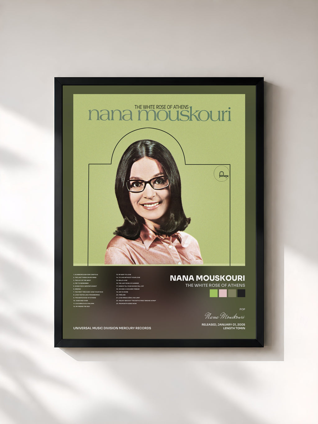 #noir Tableau de l'album The White Rose Of Athens de Nana Mouskouri, cadre noir, imprimé et encadré en France