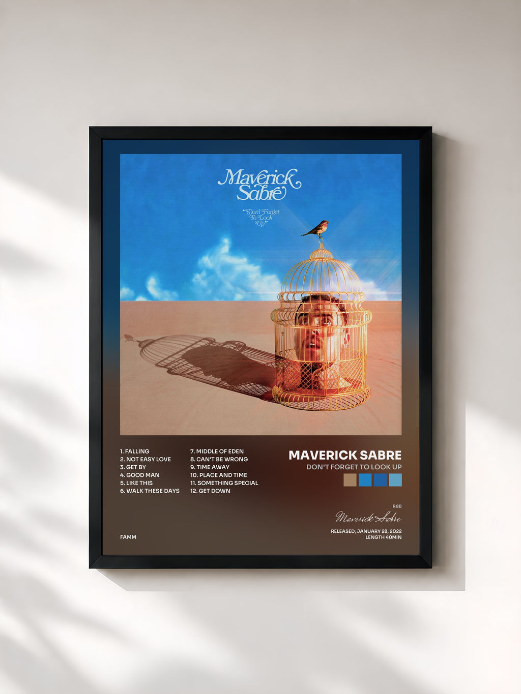 #noir Tableau de l'album Don't Forget to Look Up de Maverick Sabre, cadre noir, imprimé et encadré en France