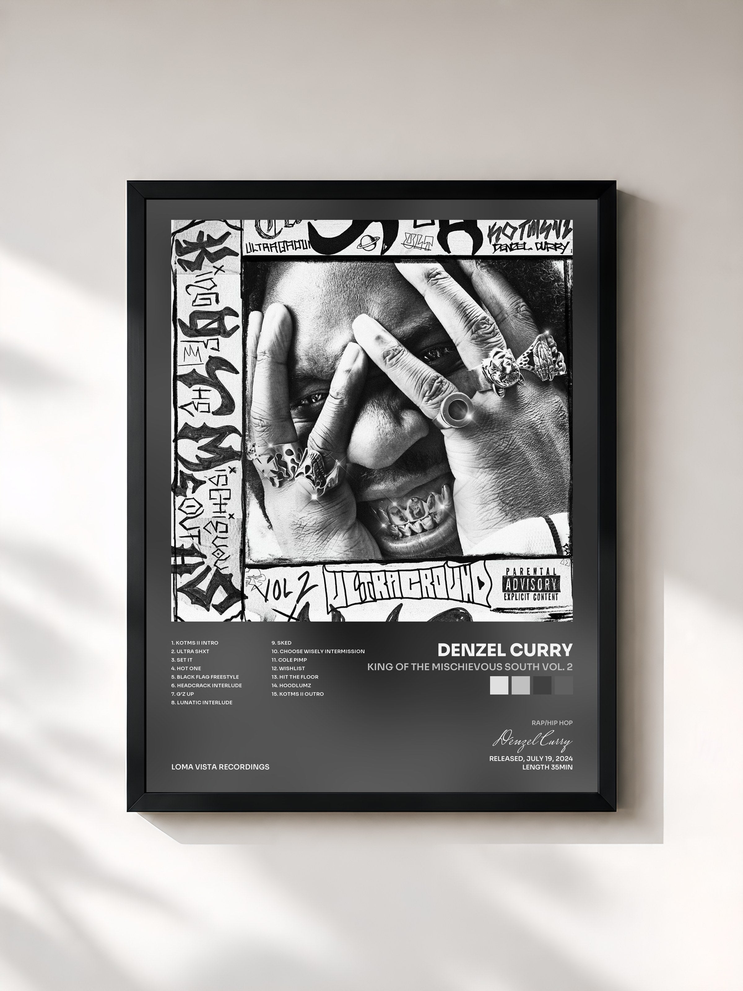 #noir Tableau de l'album King Of The Mischievous South Vol. 2 de Denzel Curry, cadre noir, imprimé et encadré en France