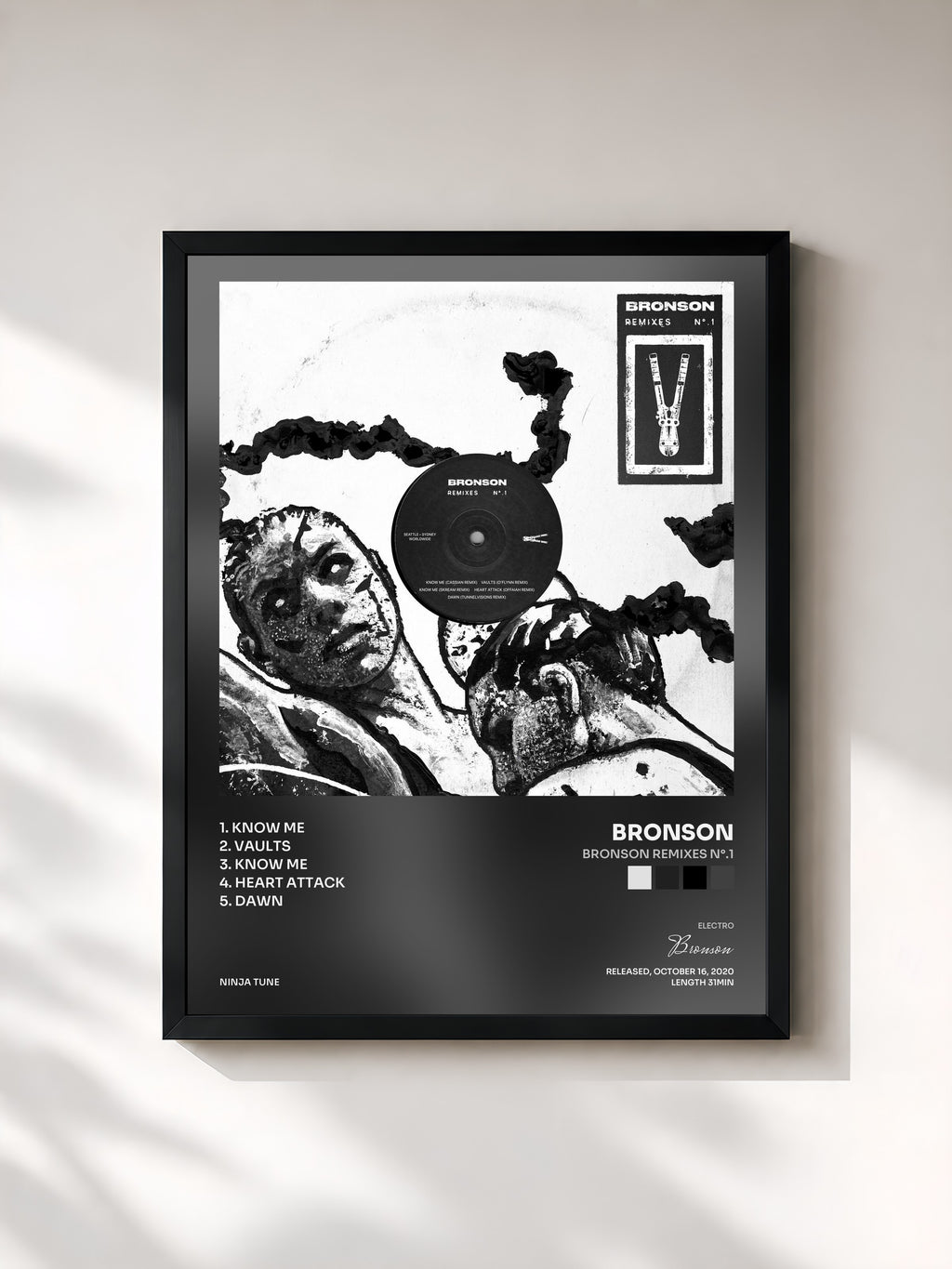 #noir Tableau de l'album BRONSON Remixes N°.1 de Bronson, cadre noir, imprimé et encadré en France