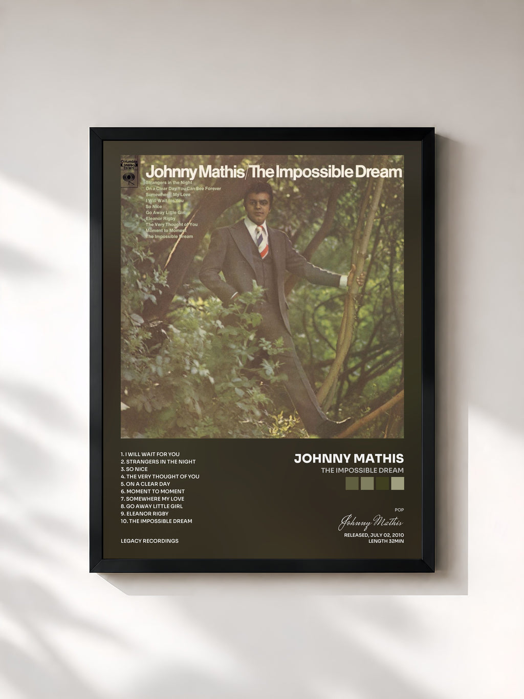 #noir Tableau de l'album The Impossible Dream de Johnny Mathis, cadre noir, imprimé et encadré en France