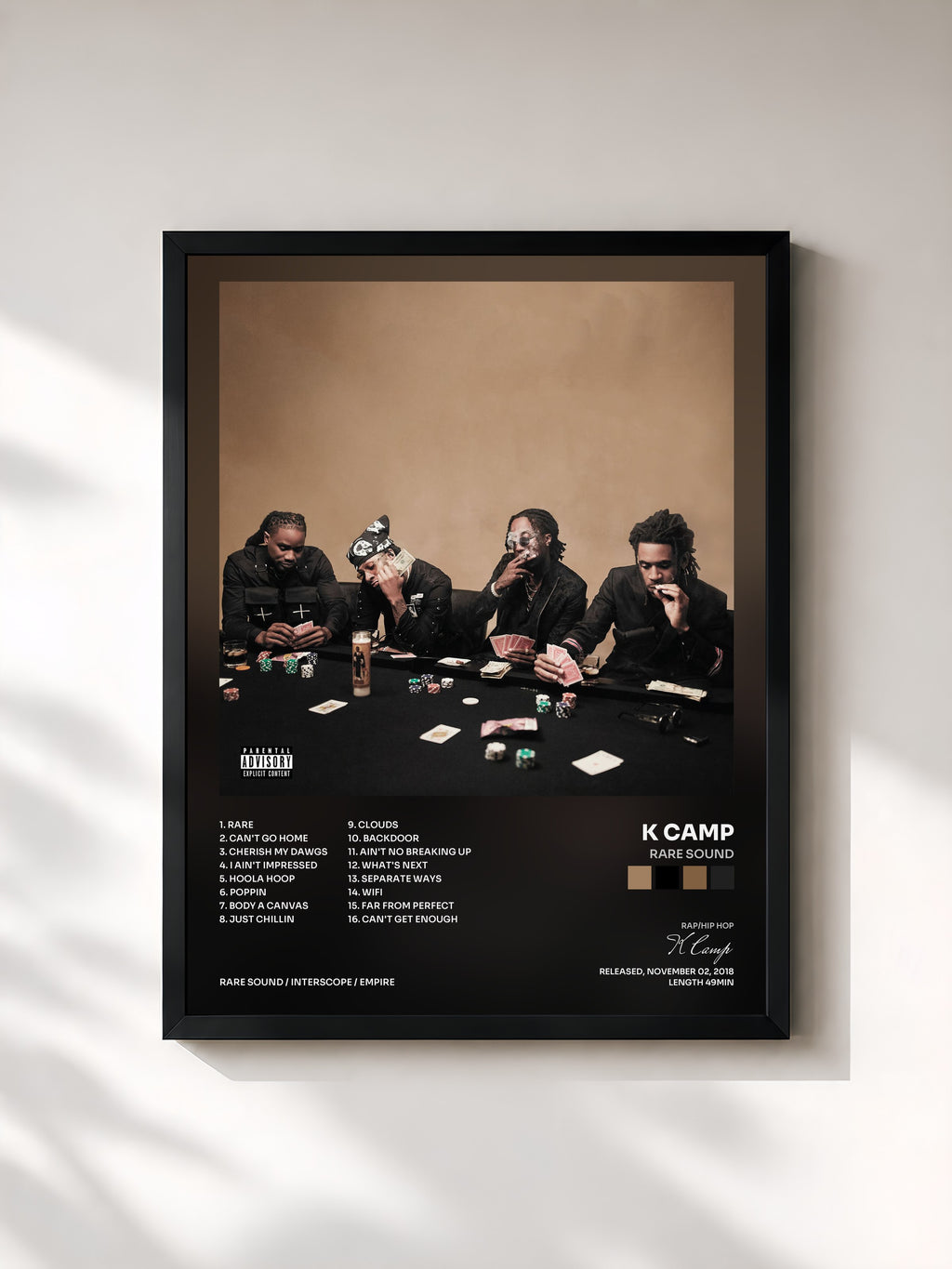 #noir Tableau de l'album RARE Sound de K Camp, cadre noir, imprimé et encadré en France