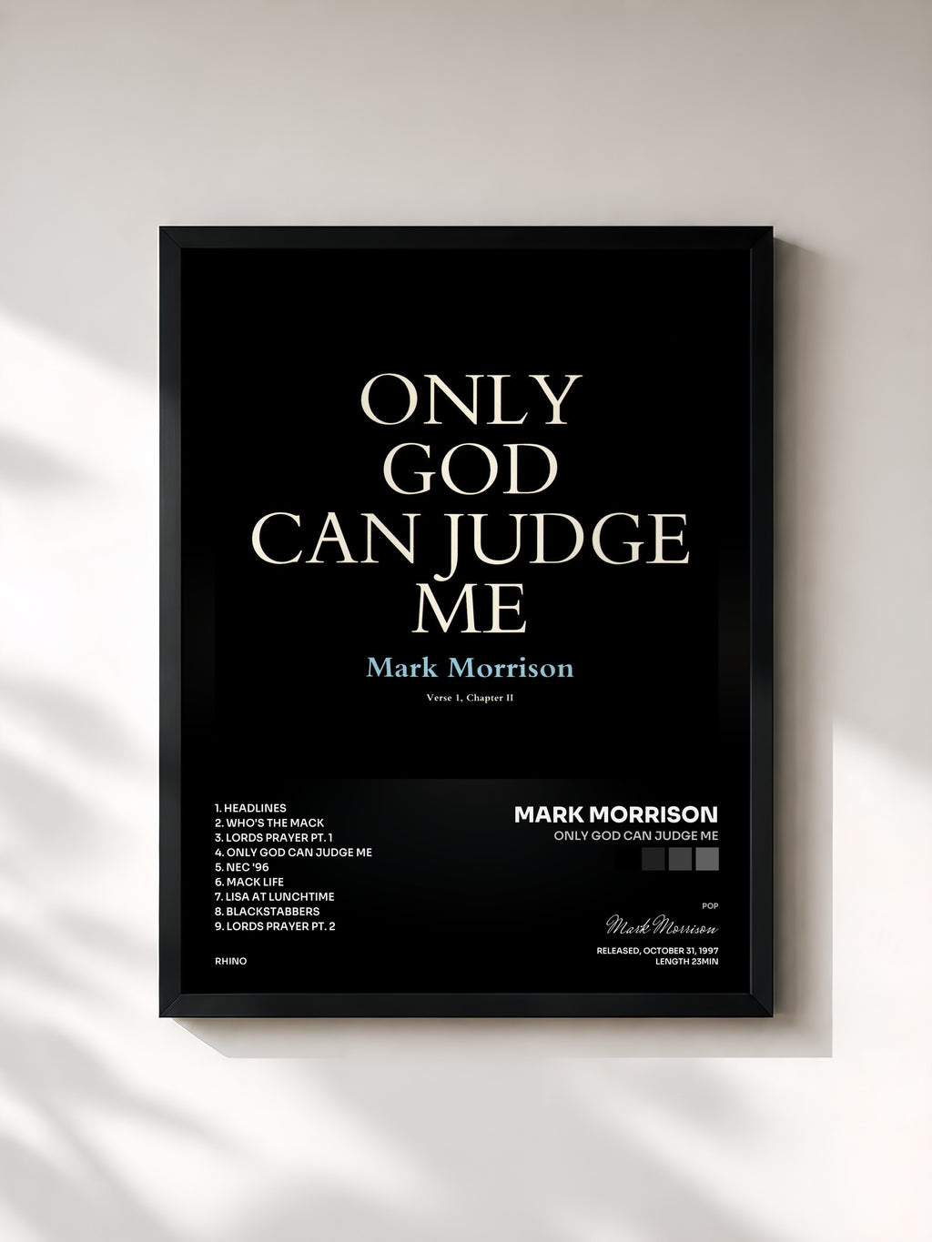 #noir Tableau de l'album Only God Can Judge Me de Mark Morrison, cadre noir, imprimé et encadré en France
