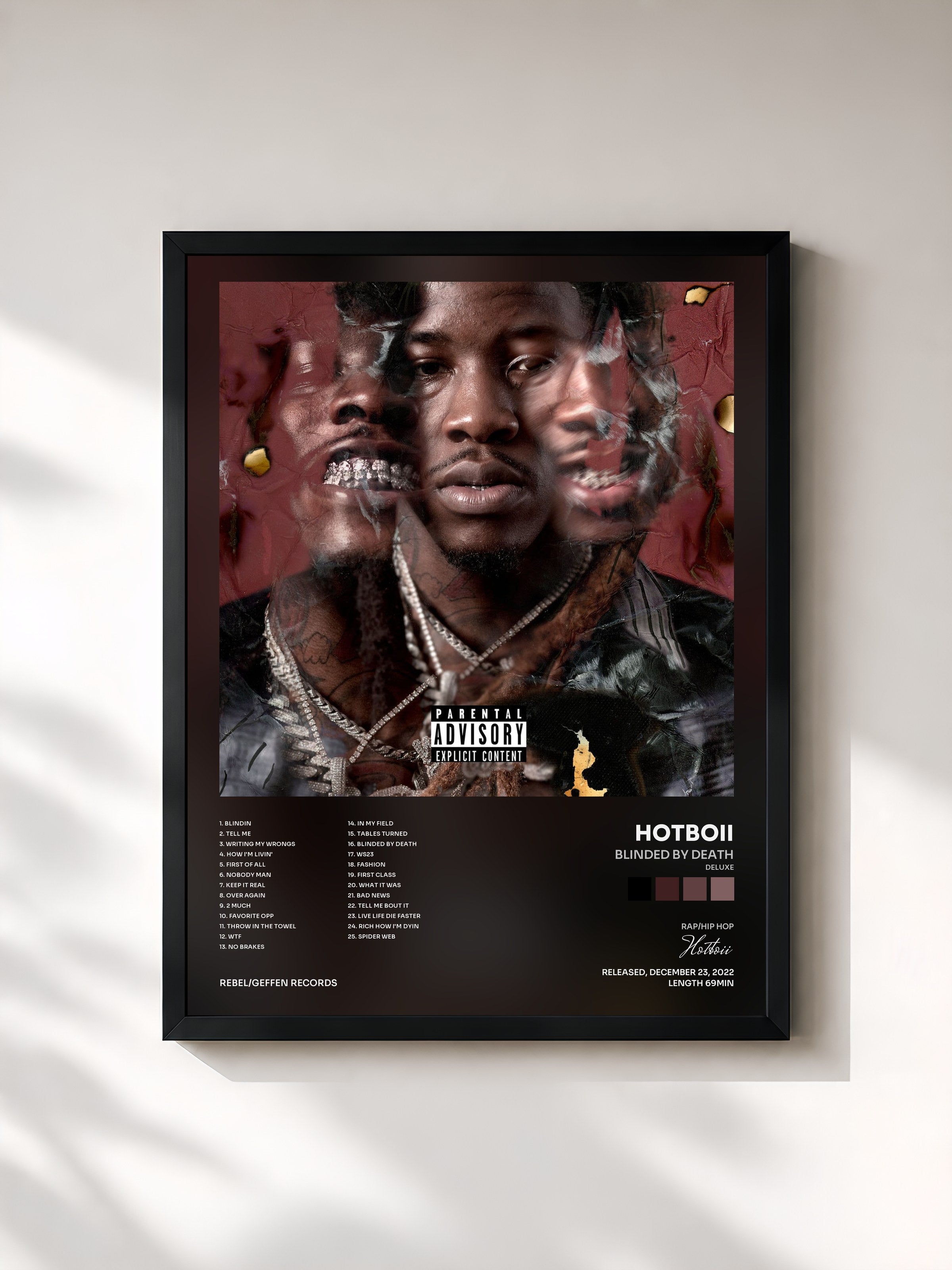 #noir Tableau de l'album Blinded By Death (Deluxe) de Hotboii, cadre noir, imprimé et encadré en France