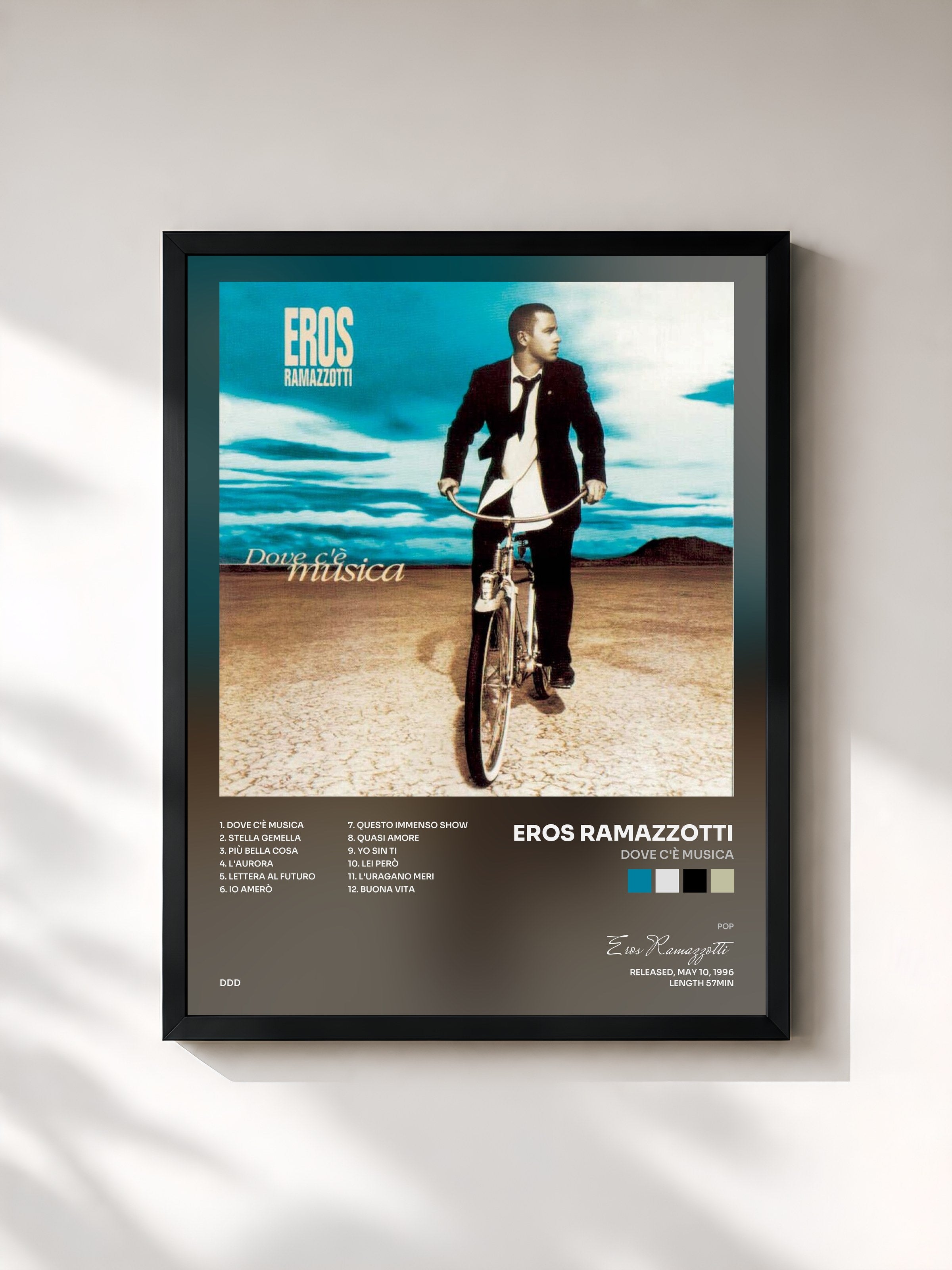 #noir Tableau de l'album Dove c'è musica de Eros Ramazzotti, cadre noir, imprimé et encadré en France