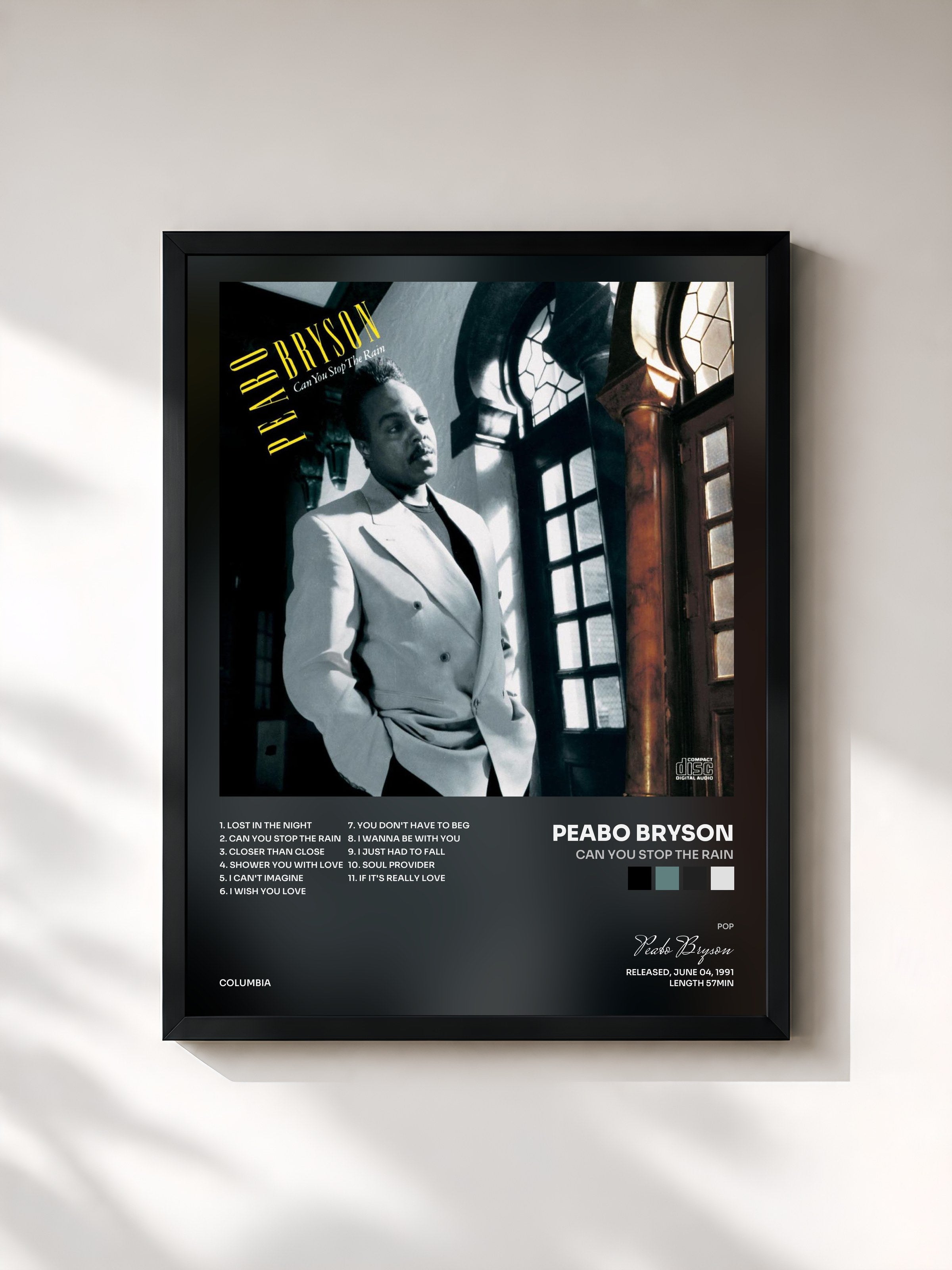 #noir Tableau de l'album Can You Stop The Rain de Peabo Bryson, cadre noir, imprimé et encadré en France
