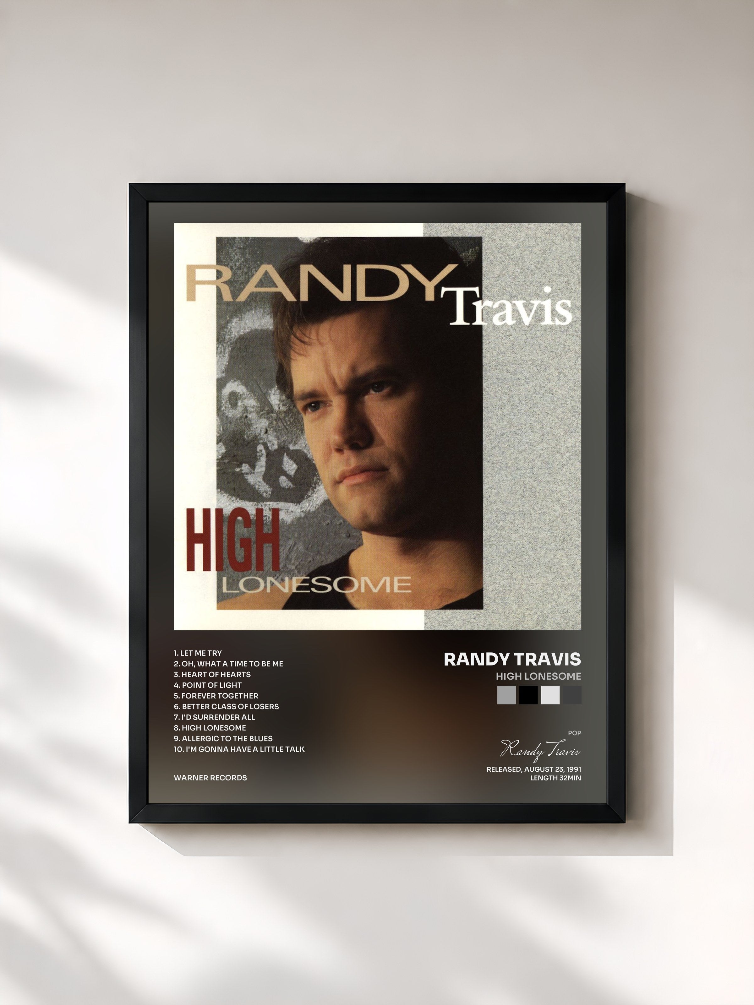 #noir Tableau de l'album High Lonesome de Randy Travis, cadre noir, imprimé et encadré en France