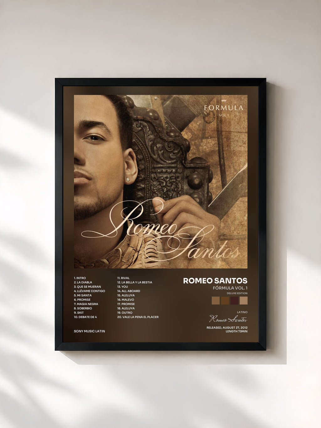 #noir Tableau de l'album Fórmula Vol. 1 (Deluxe Edition) de Romeo Santos, cadre noir, imprimé et encadré en France
