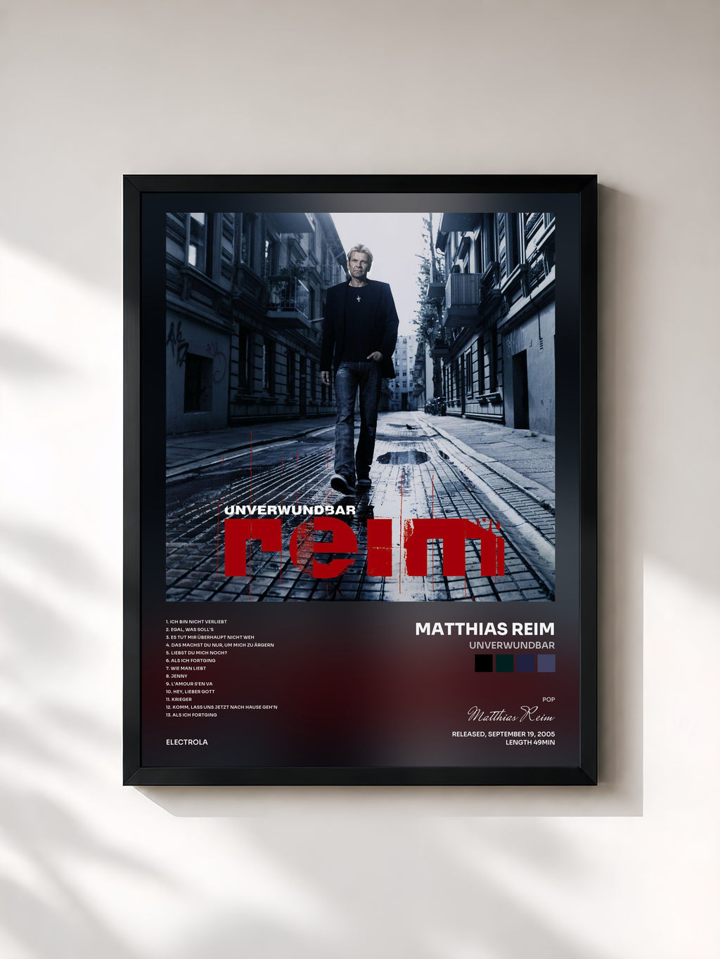 #noir Tableau de l'album Unverwundbar de Matthias Reim, cadre noir, imprimé et encadré en France