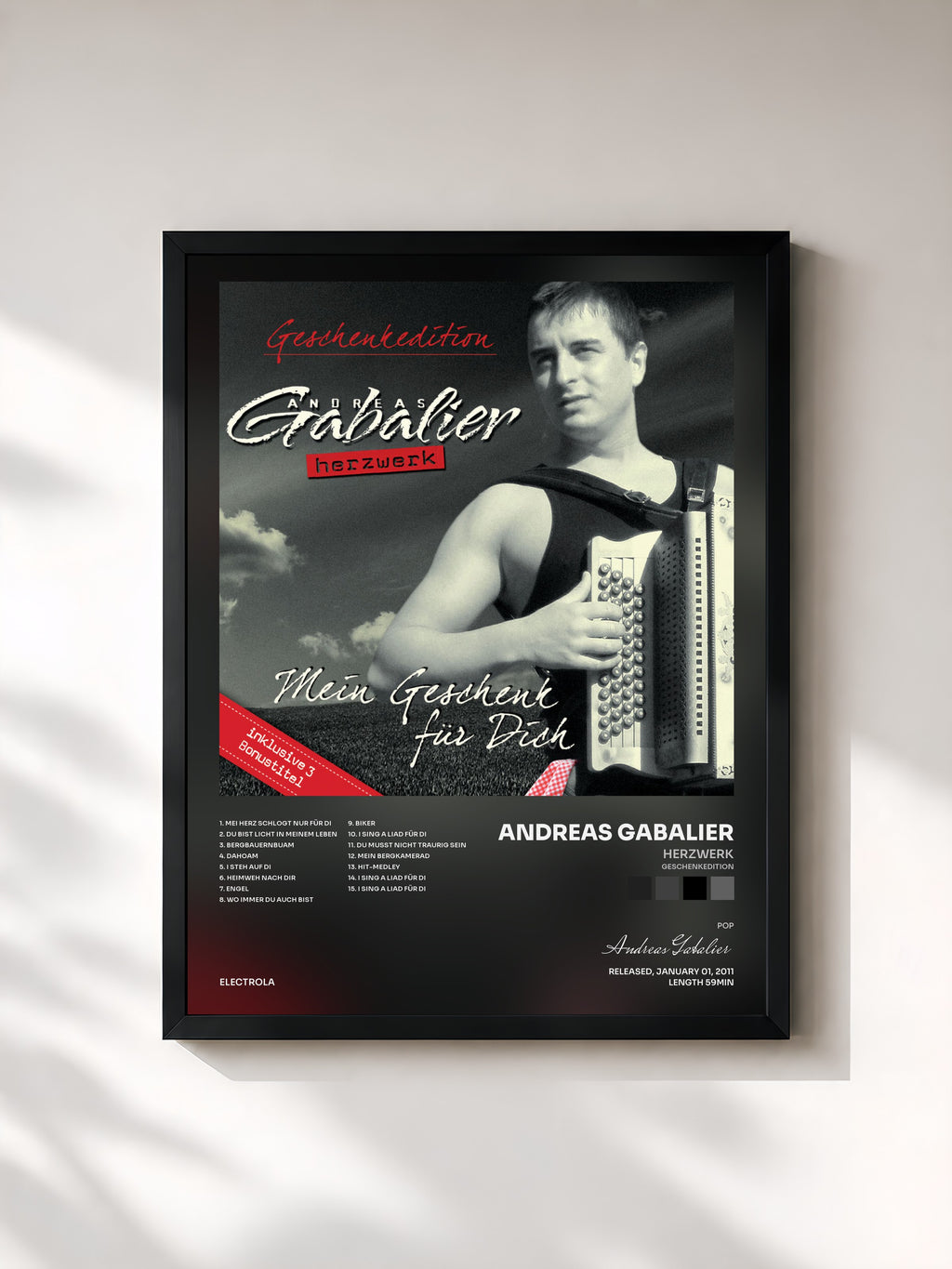 #noir Tableau de l'album Herzwerk (Geschenkedition) de Andreas Gabalier, cadre noir, imprimé et encadré en France