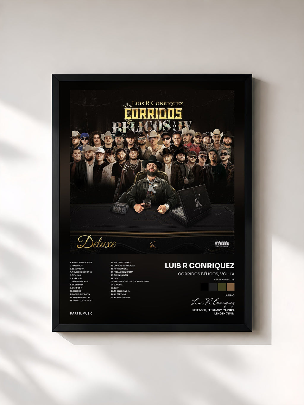 #noir Tableau de l'album Corridos Bélicos, Vol. IV (Versión Deluxe) de Luis R Conriquez, cadre noir, imprimé et encadré en France