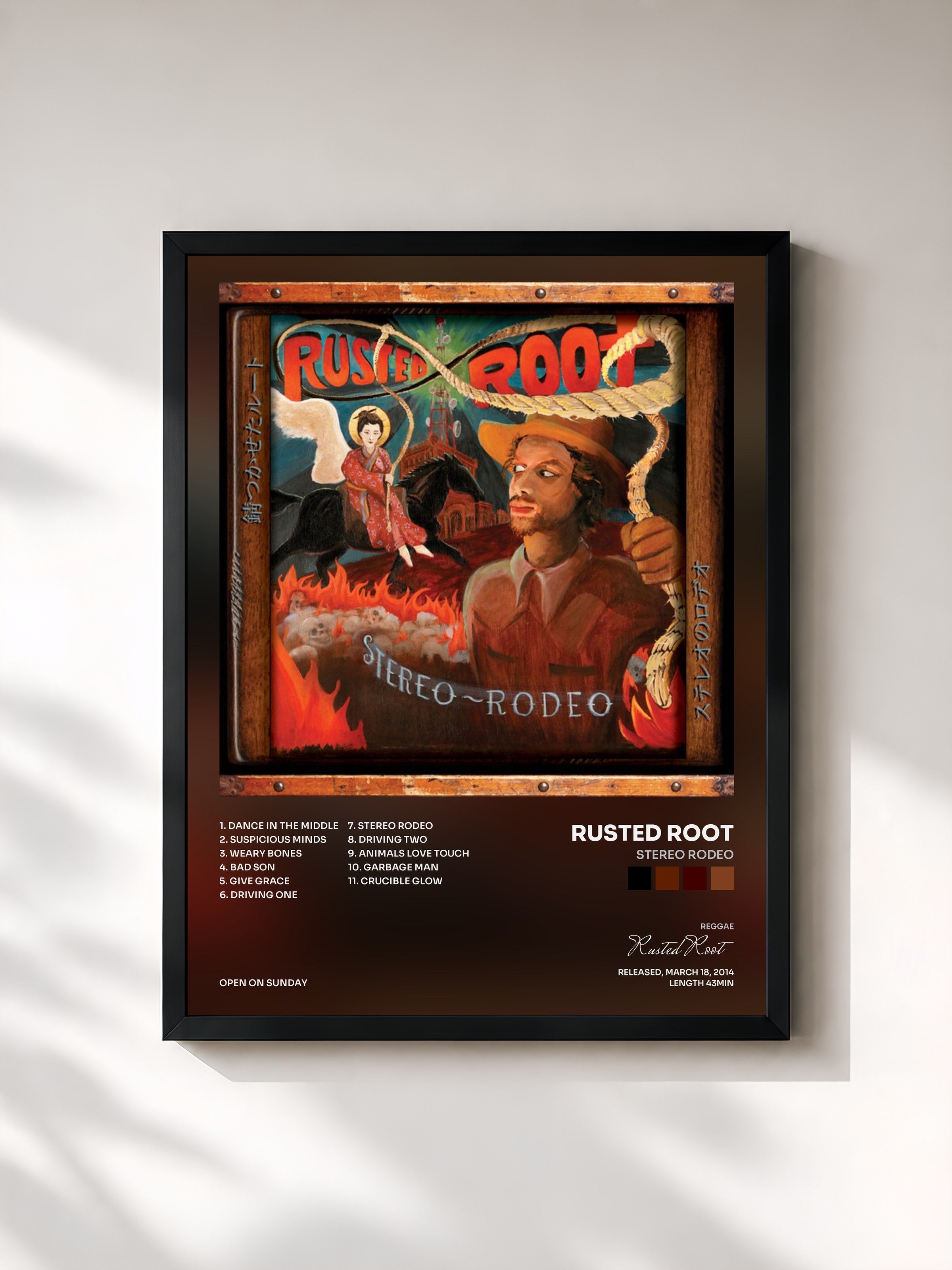 #noir Tableau de l'album Stereo Rodeo de Rusted Root, cadre noir, imprimé et encadré en France