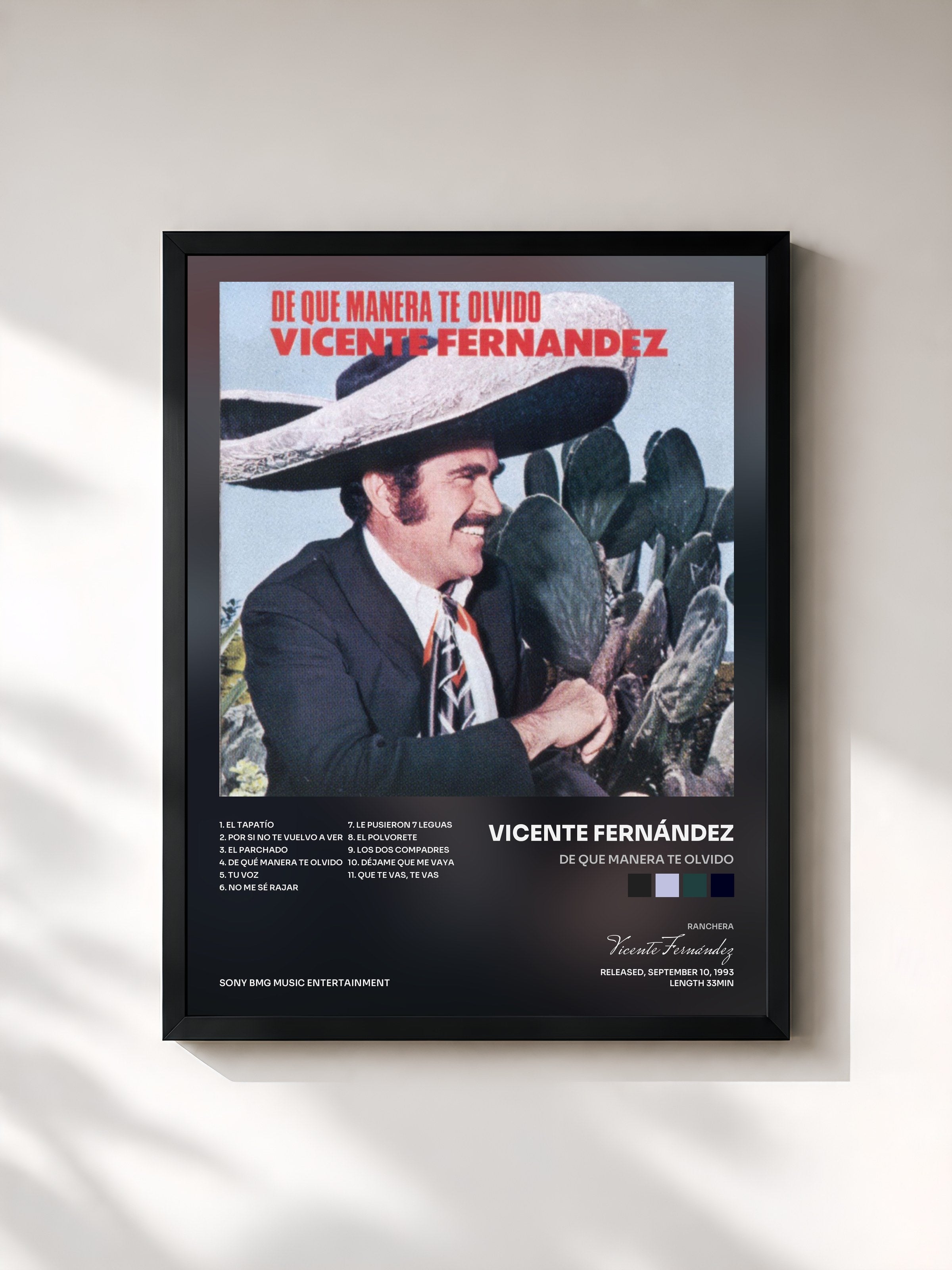 #noir Tableau de l'album De Que Manera Te Olvido de Vicente Fernández, cadre noir, imprimé et encadré en France