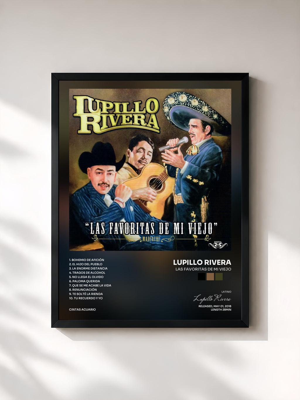 #noir Tableau de l'album Las Favoritas de Mi Viejo de Lupillo Rivera, cadre noir, imprimé et encadré en France