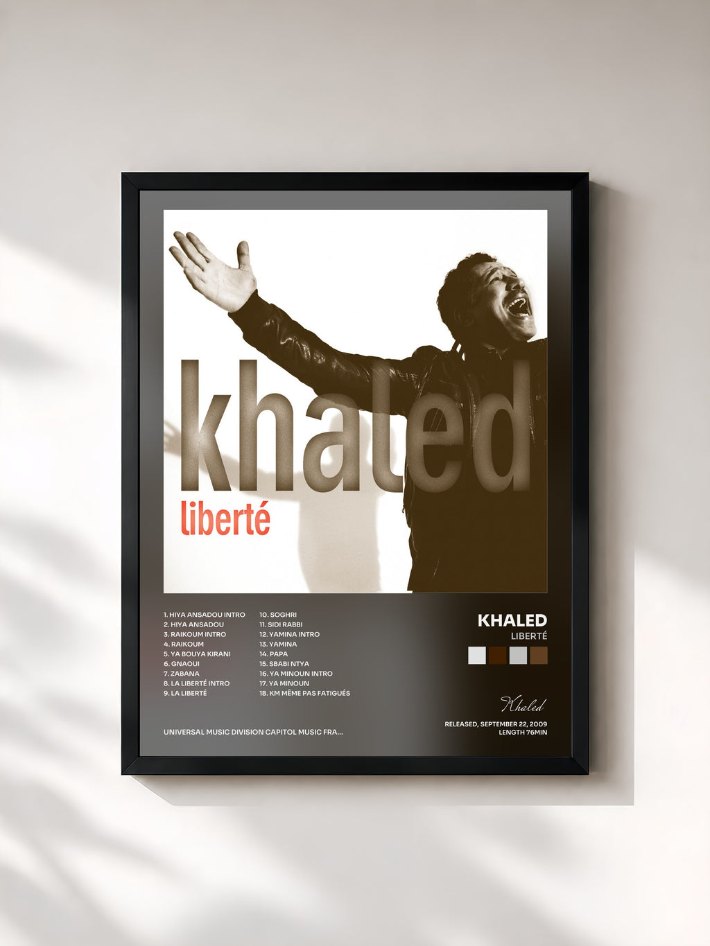 #noir Tableau de l'album Liberté de Khaled, cadre noir, imprimé et encadré en France