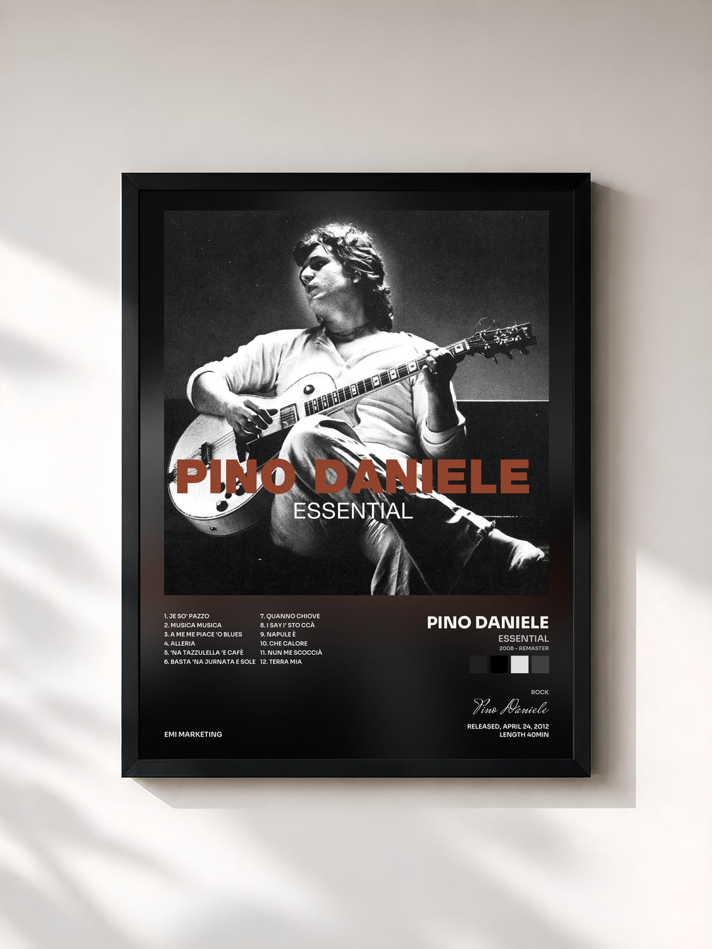#noir Tableau de l'album Essential (2008 - Remaster) de Pino Daniele, cadre noir, imprimé et encadré en France