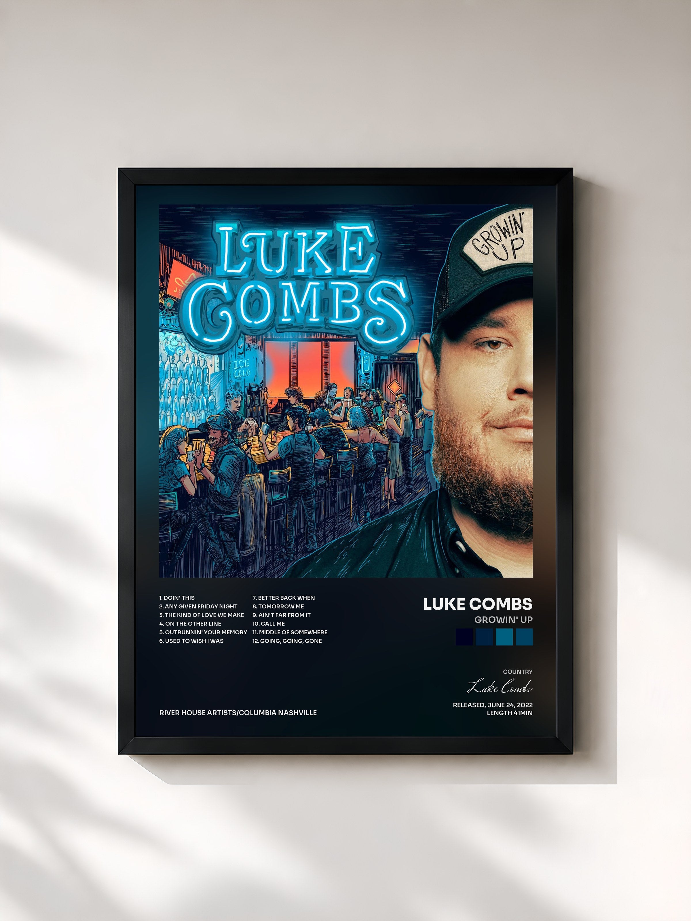 #noir Tableau de l'album Growin' Up de Luke Combs, cadre noir, imprimé et encadré en France
