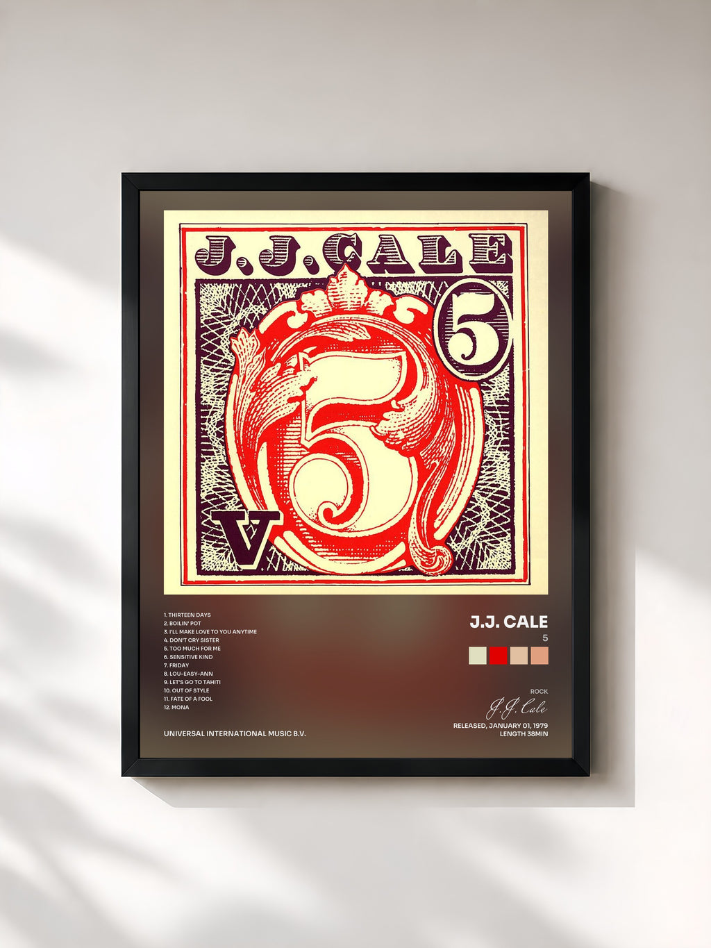#noir Tableau de l'album 5 de J.J. Cale, cadre noir, imprimé et encadré en France