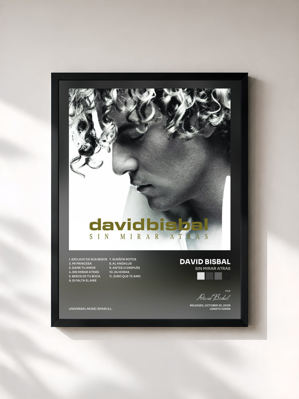 #noir Tableau de l'album Sin Mirar Atras de David Bisbal, cadre noir, imprimé et encadré en France