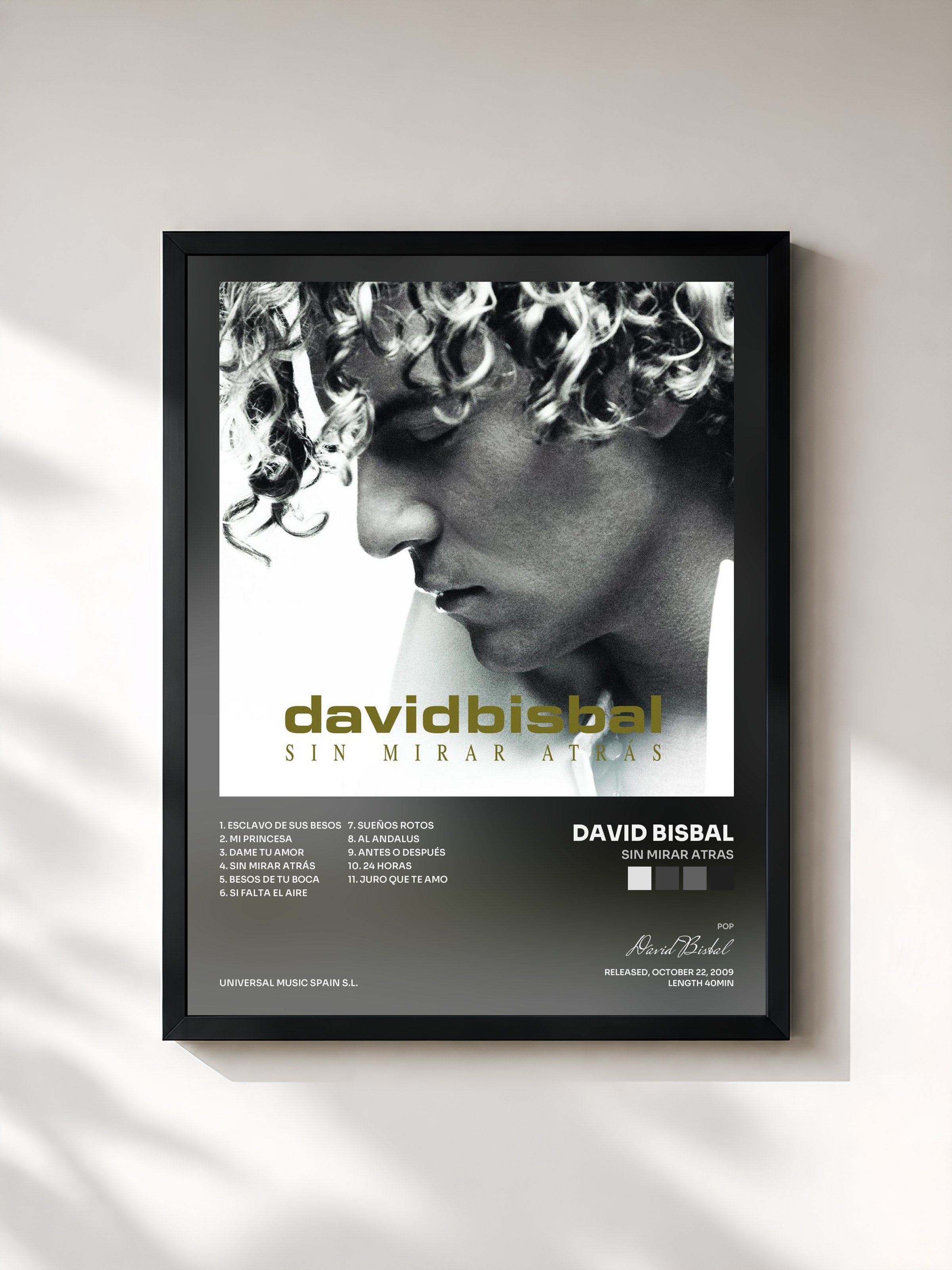 #noir Tableau de l'album Sin Mirar Atras de David Bisbal, cadre noir, imprimé et encadré en France