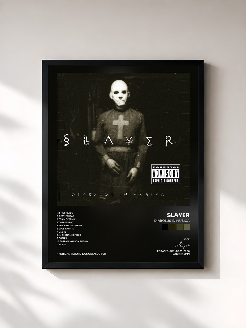 #noir Tableau de l'album Diabolus In Musica de Slayer, cadre noir, imprimé et encadré en France