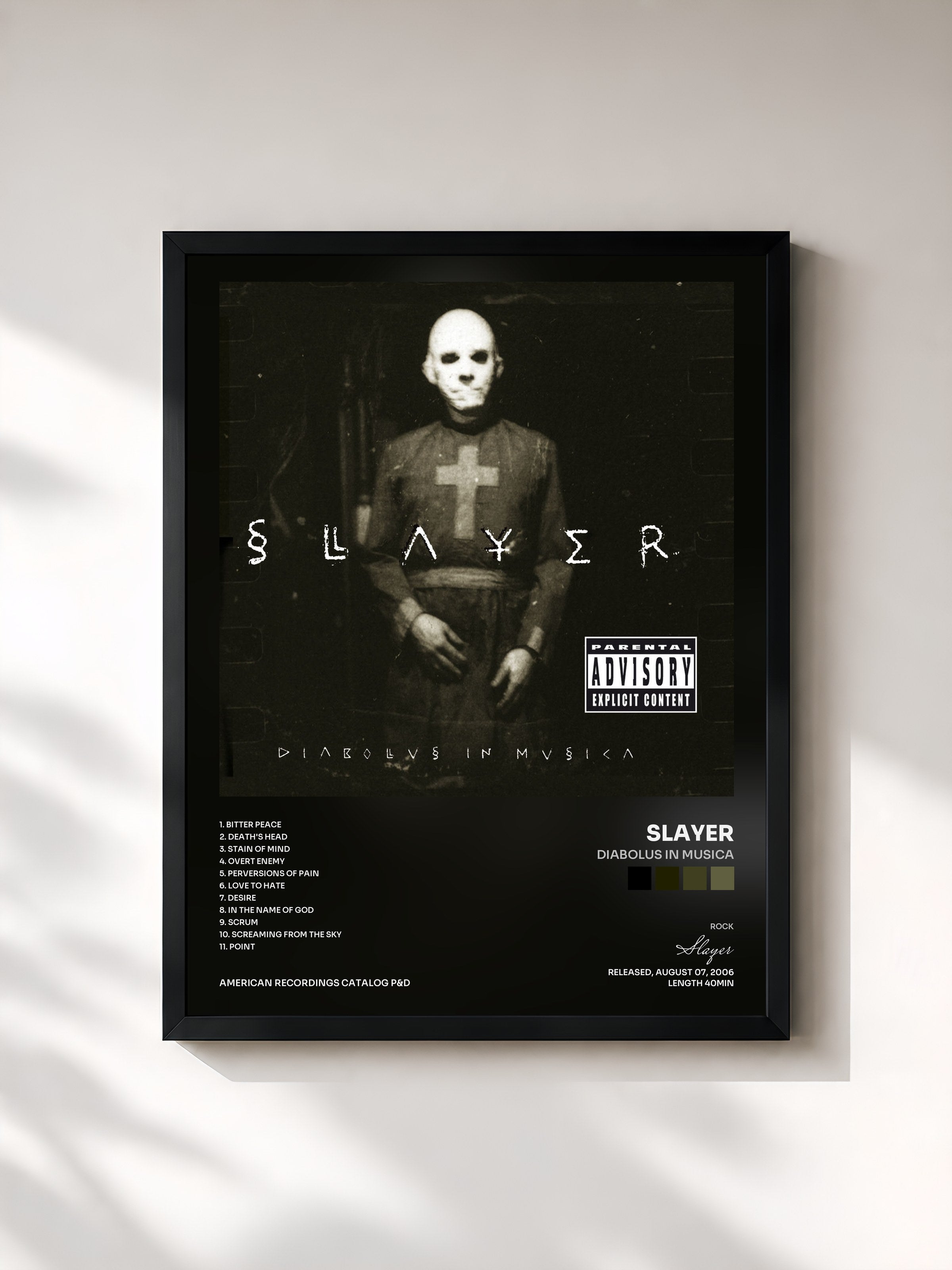 #noir Tableau de l'album Diabolus In Musica de Slayer, cadre noir, imprimé et encadré en France