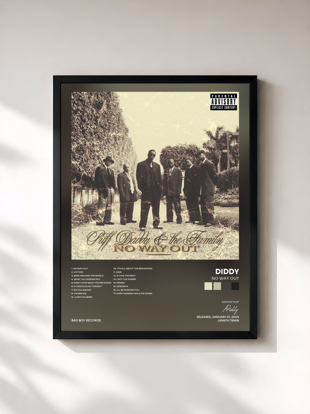 #noir Tableau de l'album No Way Out de Diddy, cadre noir, imprimé et encadré en France