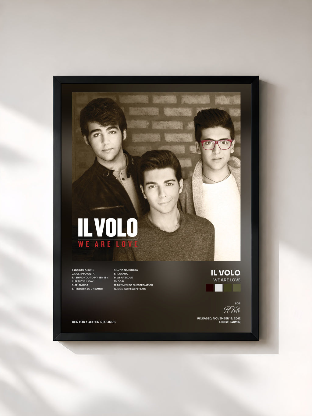 #noir Tableau de l'album We Are Love de Il Volo, cadre noir, imprimé et encadré en France