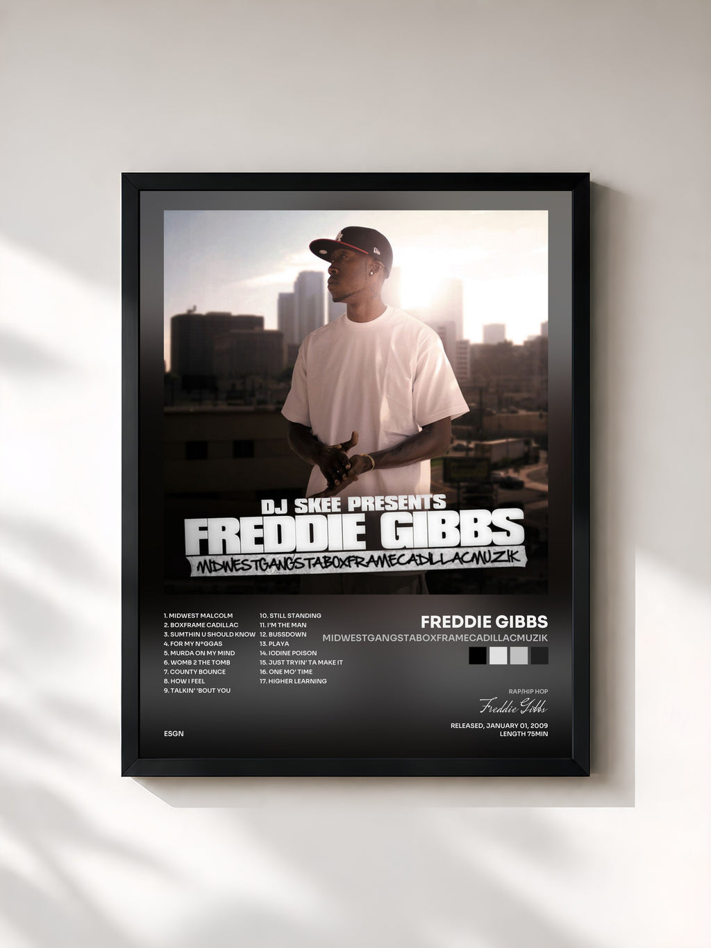 #noir Tableau de l'album Midwestgangstaboxframecadillacmuzik de Freddie Gibbs, cadre noir, imprimé et encadré en France