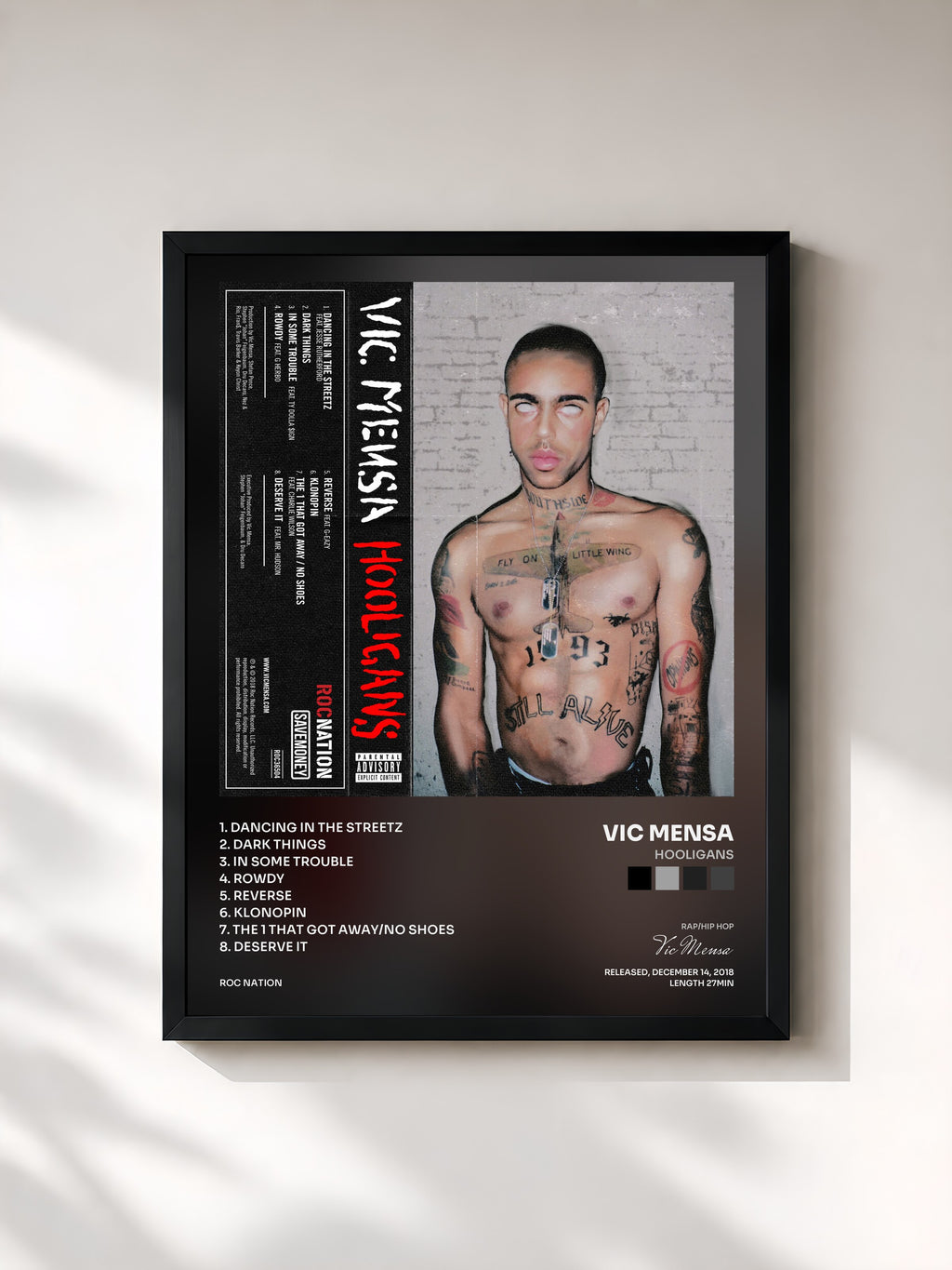 #noir Tableau de l'album HOOLIGANS de Vic Mensa, cadre noir, imprimé et encadré en France