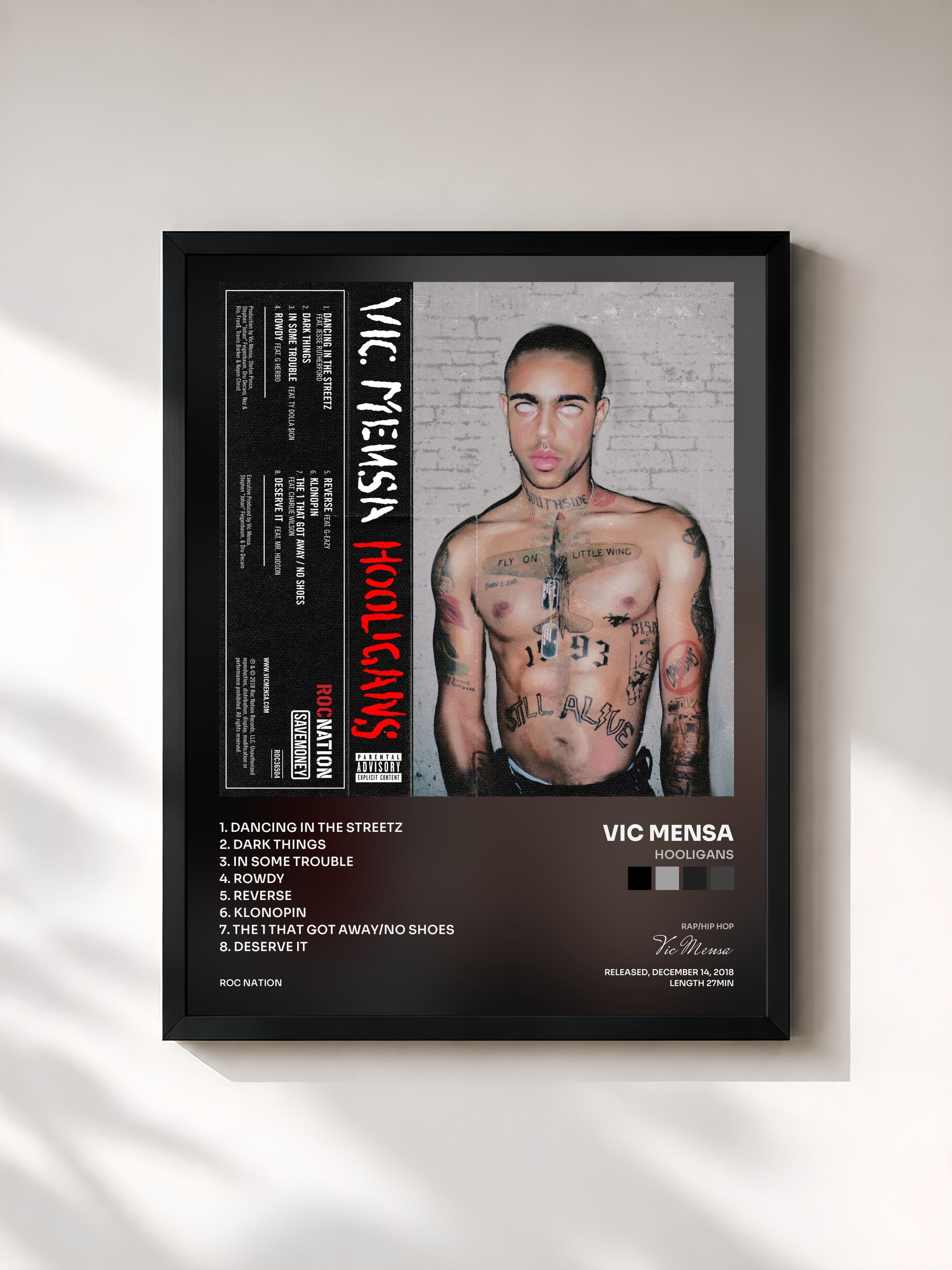 #noir Tableau de l'album HOOLIGANS de Vic Mensa, cadre noir, imprimé et encadré en France