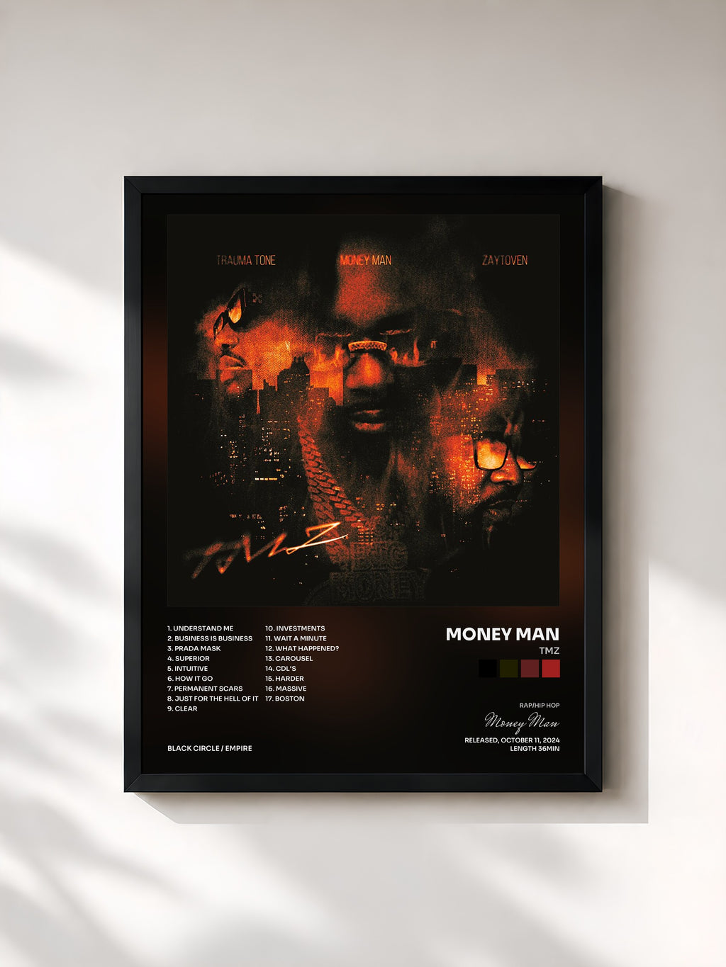 #noir Tableau de l'album TMZ de Money Man, cadre noir, imprimé et encadré en France