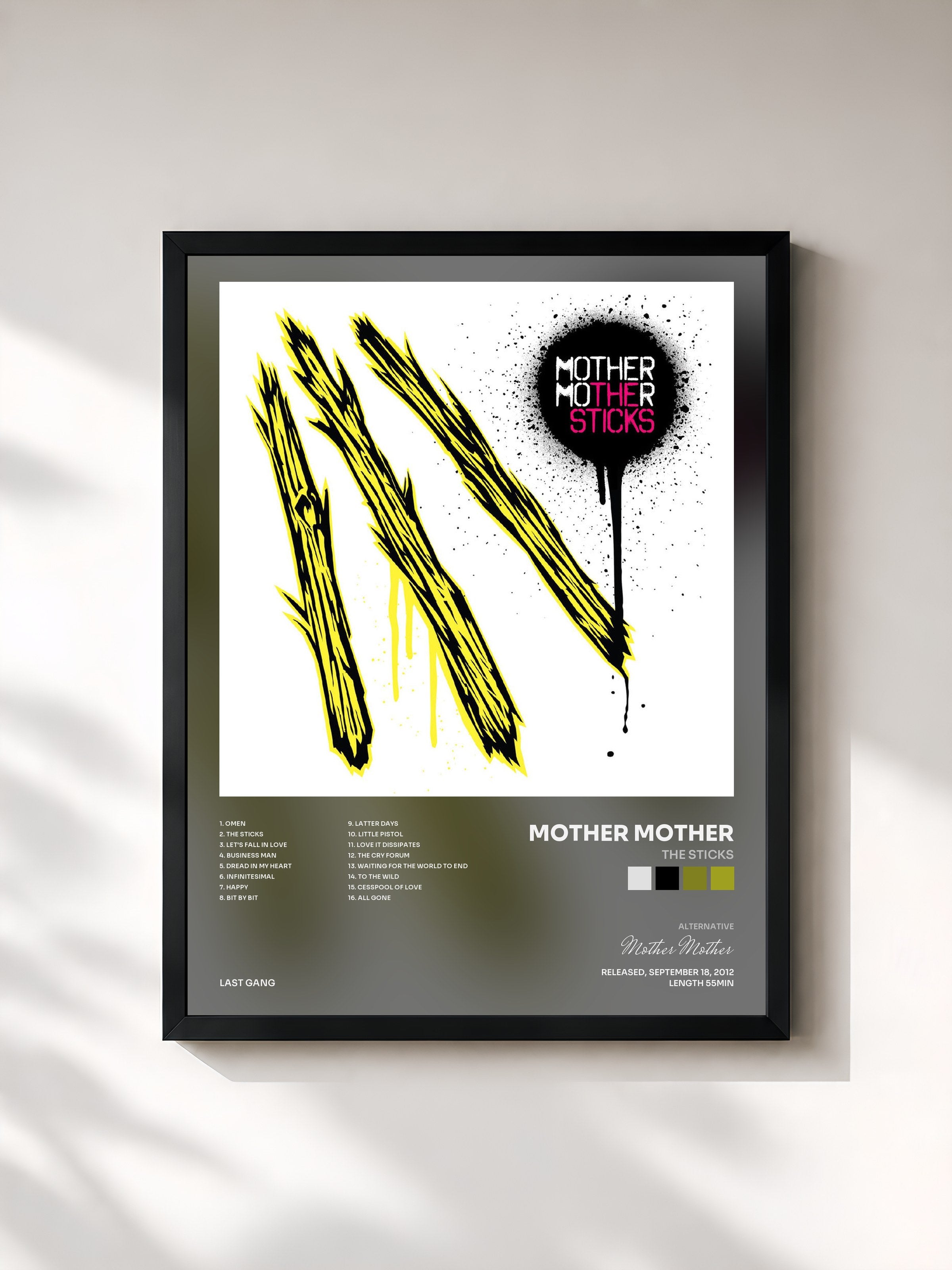 #noir Tableau de l'album The Sticks de Mother Mother, cadre noir, imprimé et encadré en France