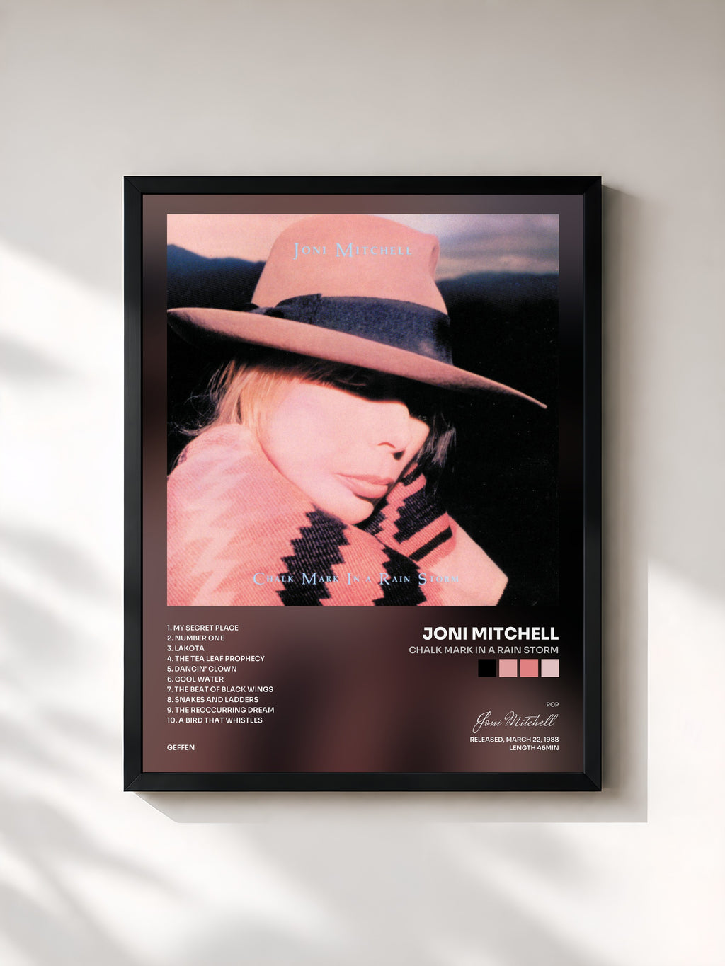 #noir Tableau de l'album Chalk Mark In A Rain Storm de Joni Mitchell, cadre noir, imprimé et encadré en France