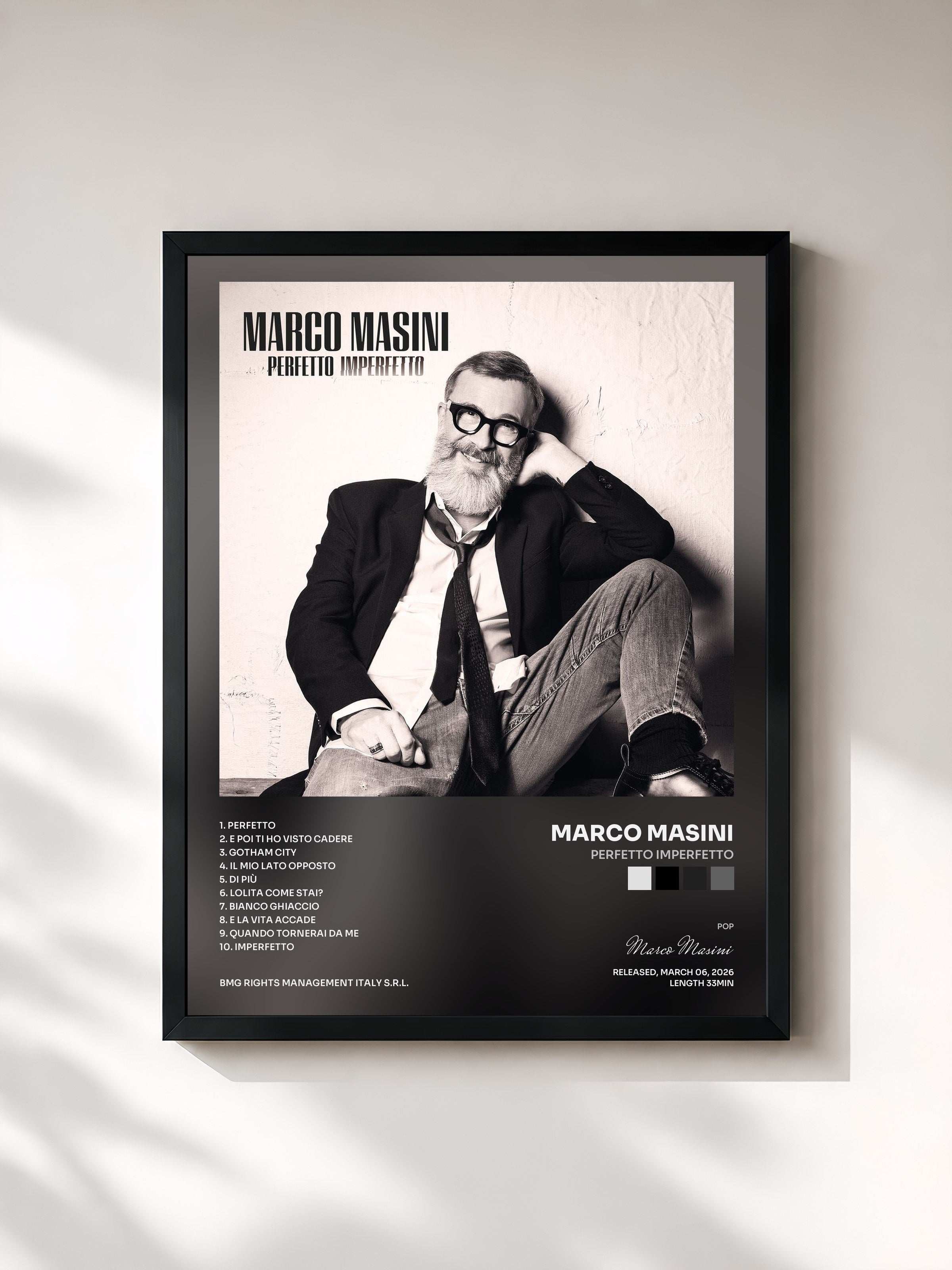 #noir Tableau de l'album Perfetto imperfetto de Marco Masini, cadre noir, imprimé et encadré en France