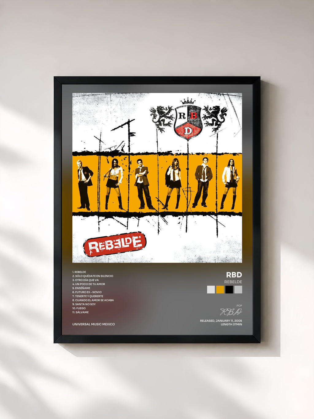 #noir Tableau de l'album Rebelde de RBD, cadre noir, imprimé et encadré en France