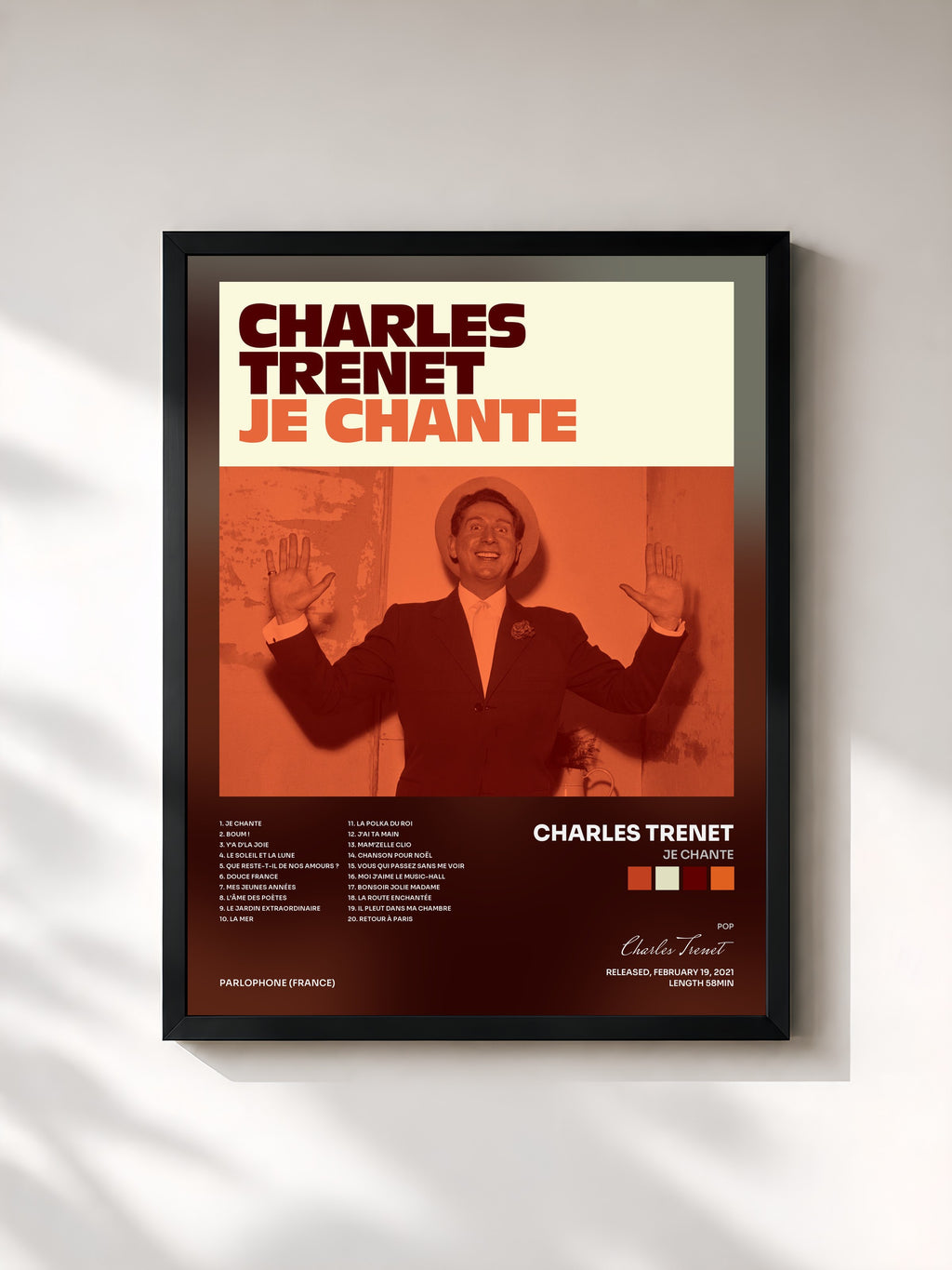 #noir Tableau de l'album Je chante de Charles Trenet, cadre noir, imprimé et encadré en France
