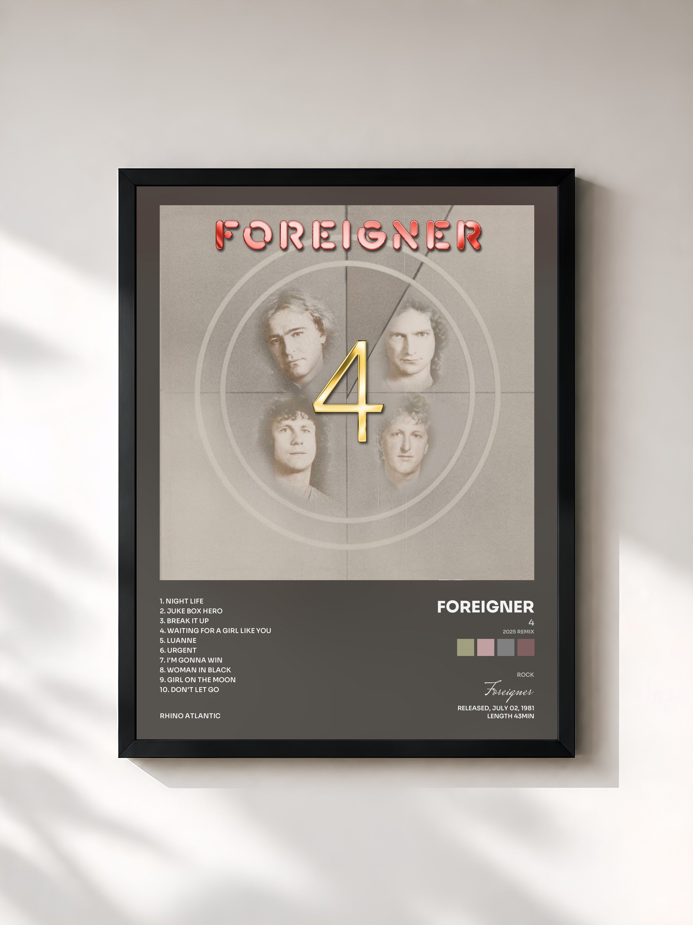 #noir Tableau de l'album 4 (2025 Remix) de Foreigner, cadre noir, imprimé et encadré en France
