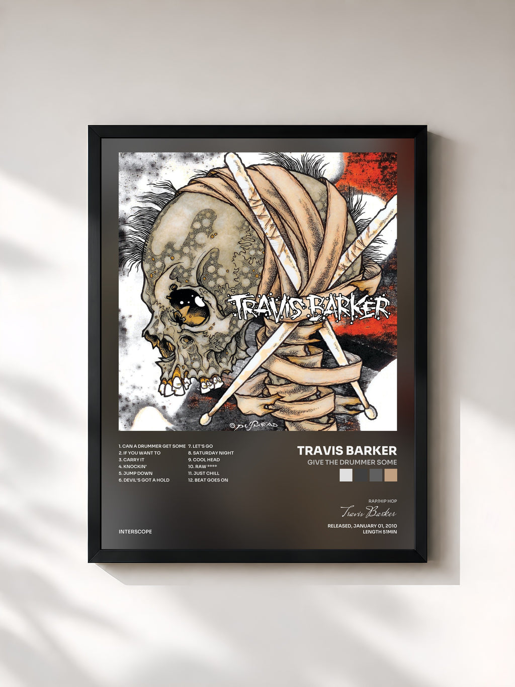 #noir Tableau de l'album Give The Drummer Some de Travis Barker, cadre noir, imprimé et encadré en France