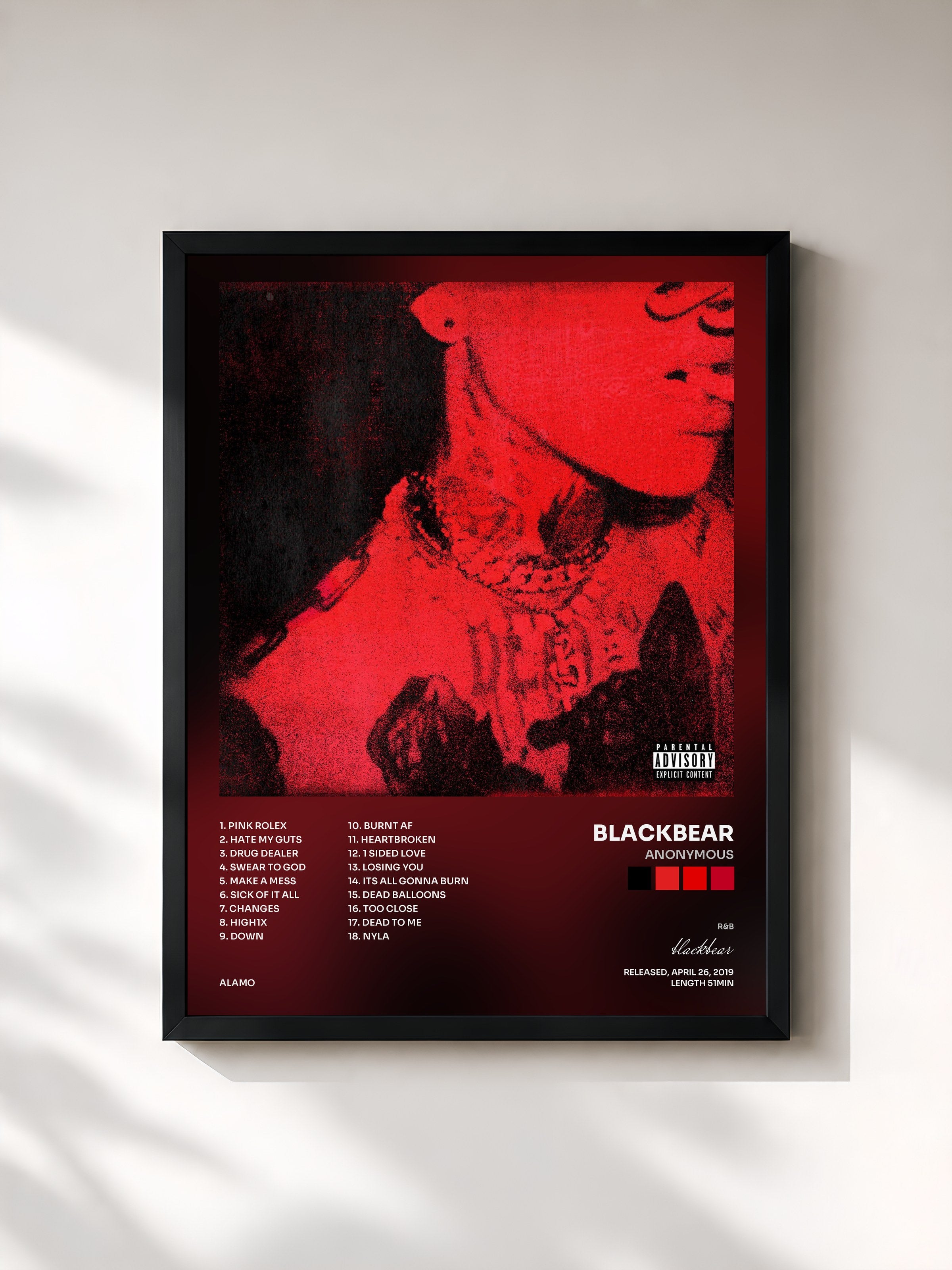 #noir Tableau de l'album ANONYMOUS de blackbear, cadre noir, imprimé et encadré en France