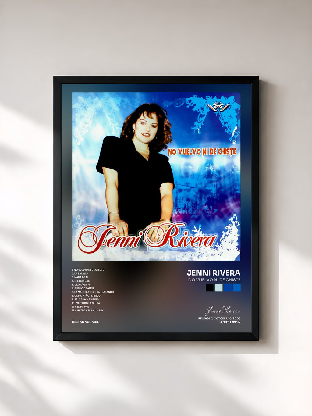 #noir Tableau de l'album No Vuelvo Ni de Chiste de Jenni Rivera, cadre noir, imprimé et encadré en France
