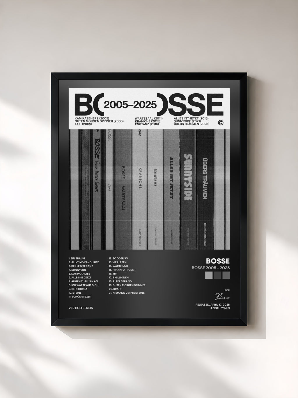 #noir Tableau de l'album BOSSE 2005 - 2025 de Bosse, cadre noir, imprimé et encadré en France