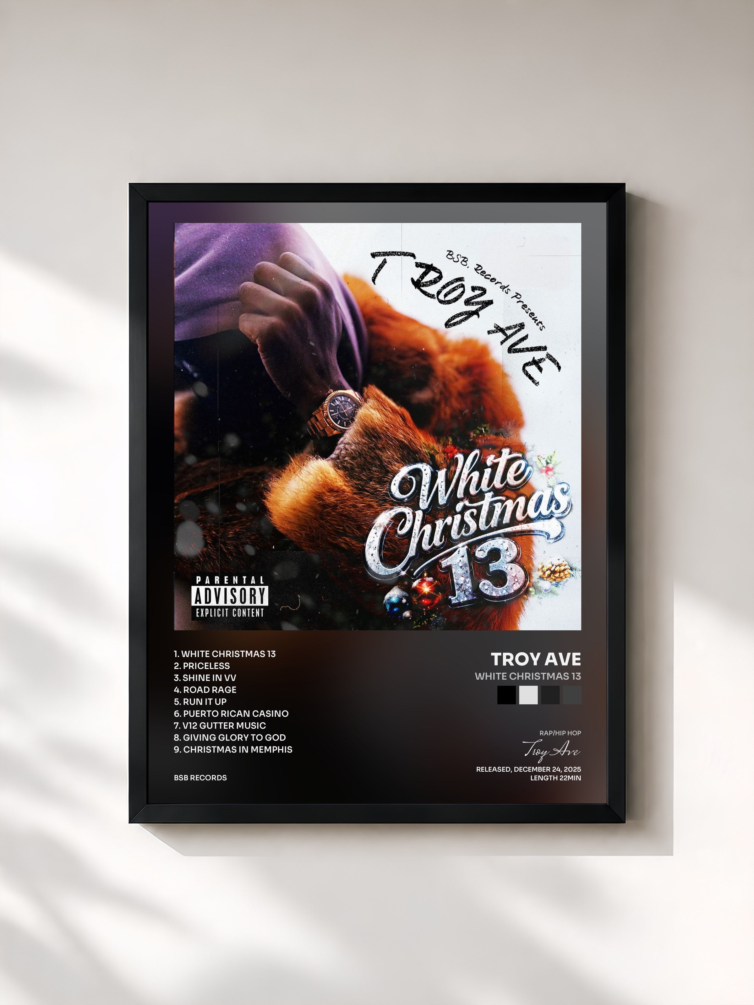 #noir Tableau de l'album White Christmas 13 de Troy Ave, cadre noir, imprimé et encadré en France