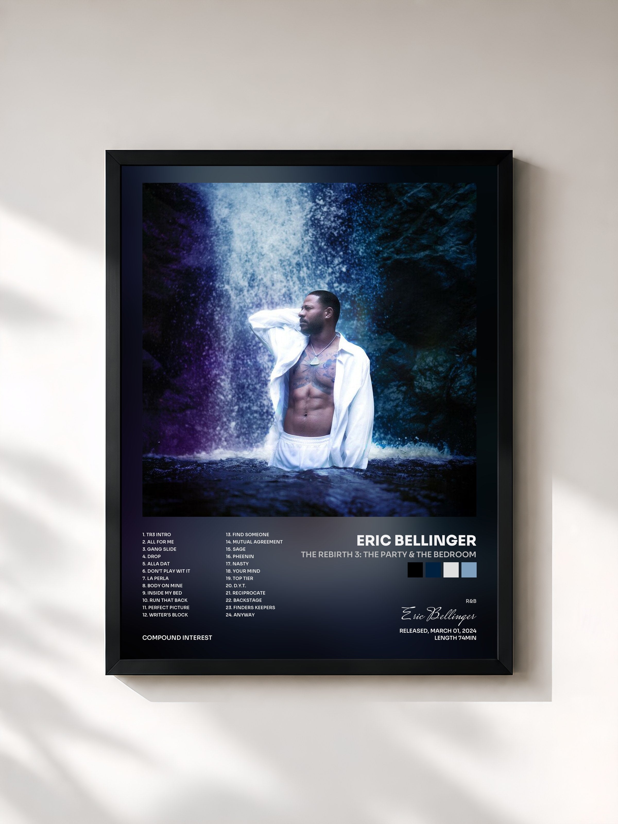#noir Tableau de l'album The Rebirth 3: The Party & The Bedroom de Eric Bellinger, cadre noir, imprimé et encadré en France