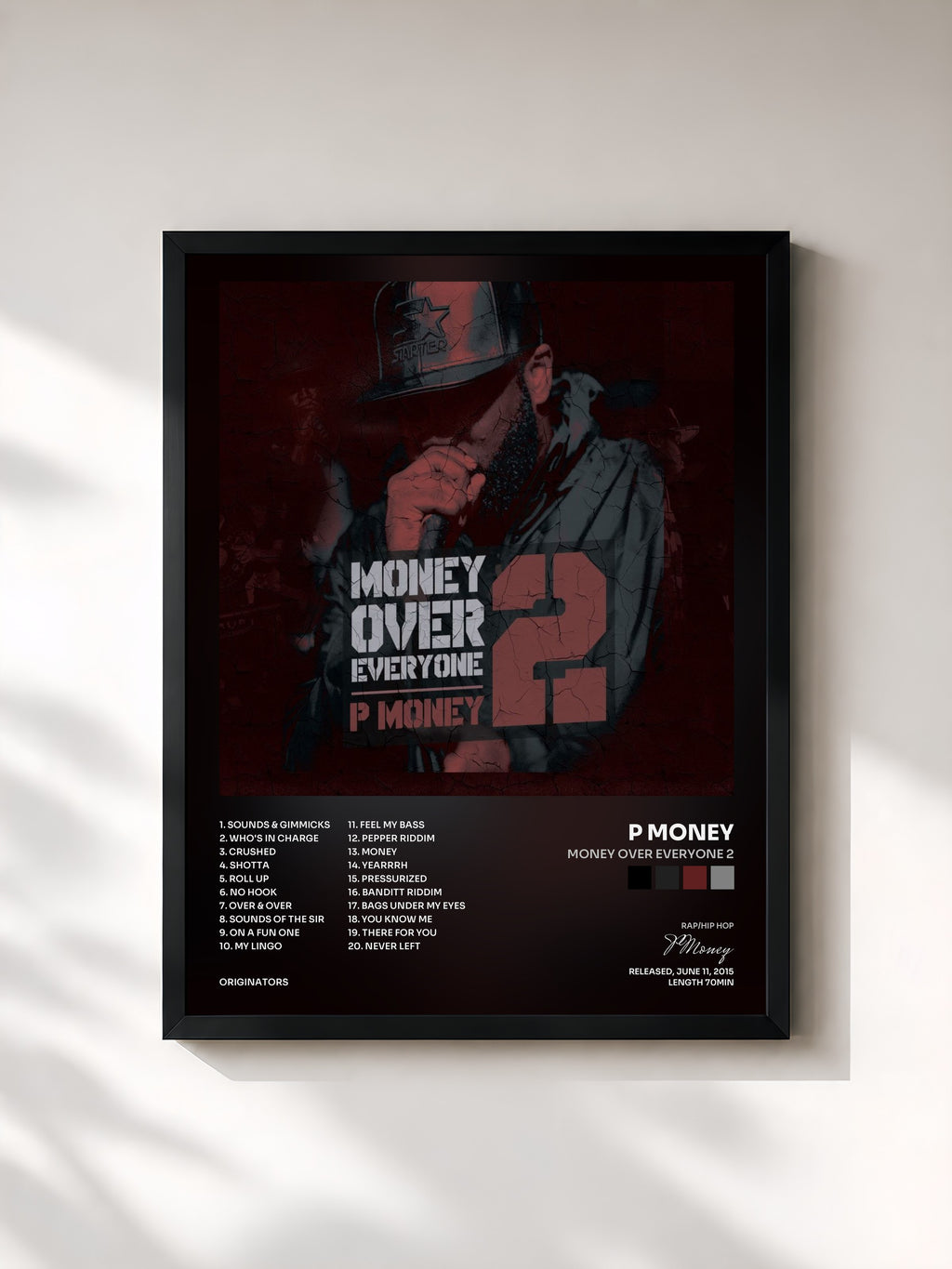 #noir Tableau de l'album Money Over Everyone 2 de P Money, cadre noir, imprimé et encadré en France