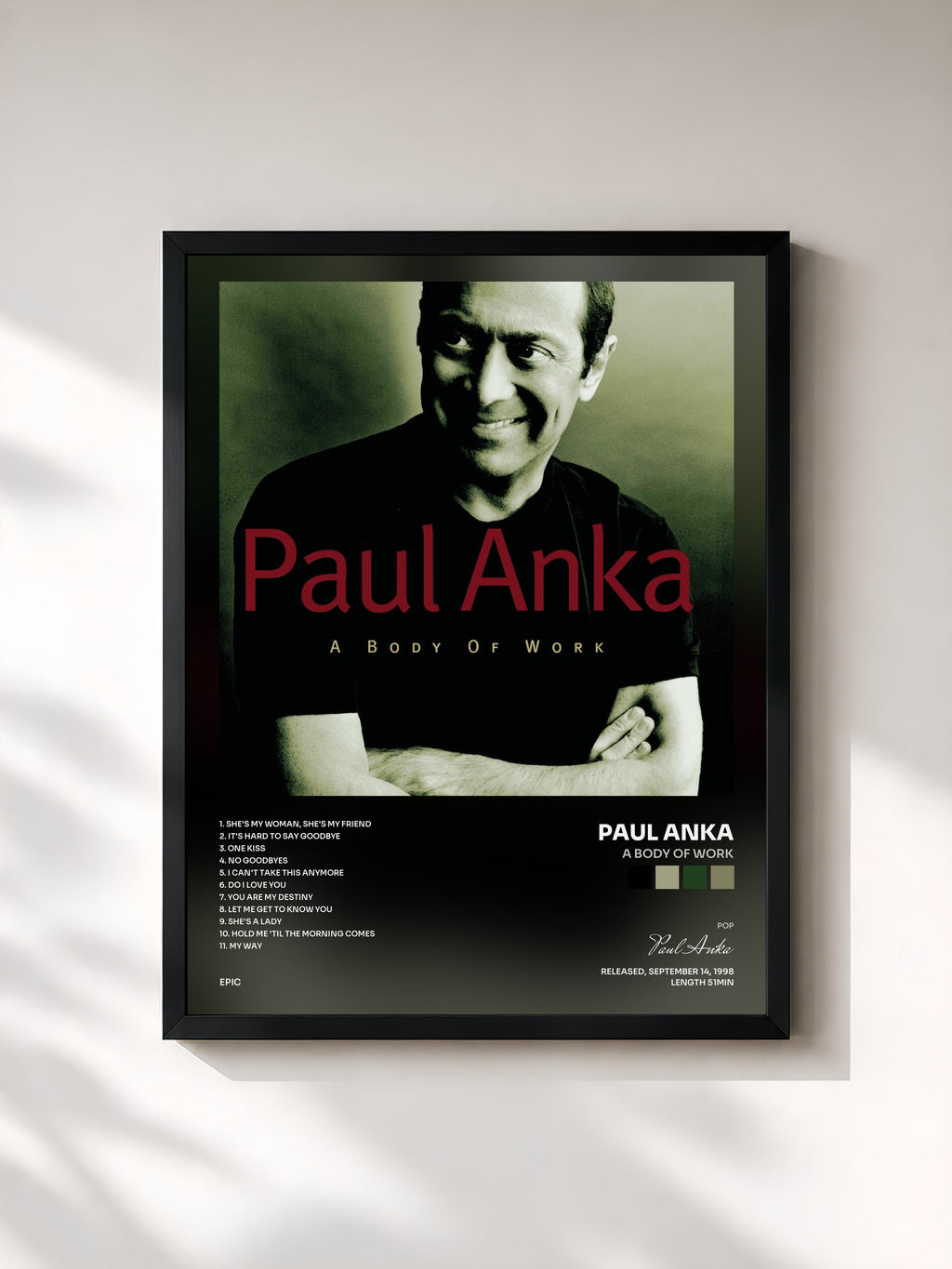 #noir Tableau de l'album A Body Of Work de Paul Anka, cadre noir, imprimé et encadré en France